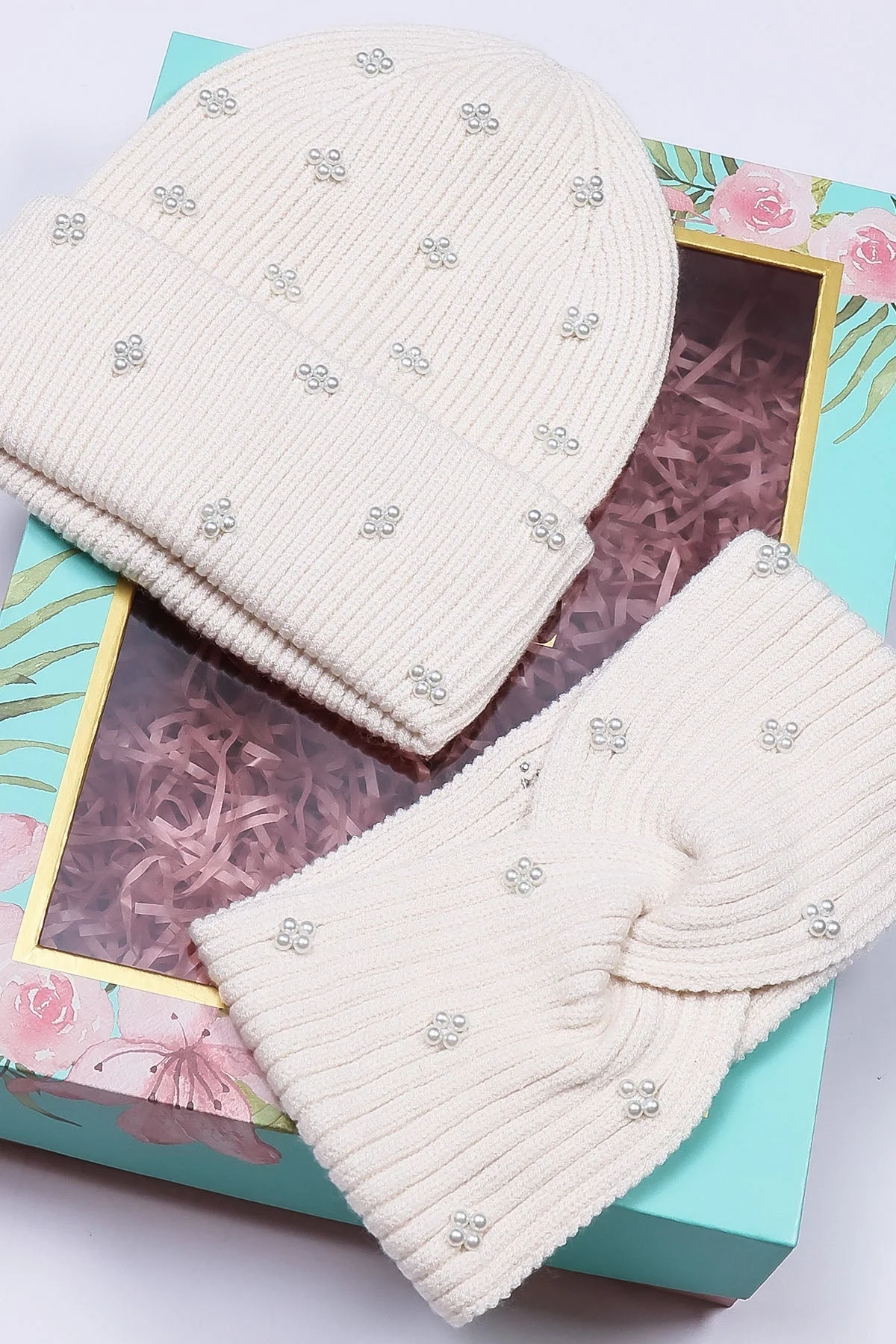 Pearl Headband and Beanie in Cream