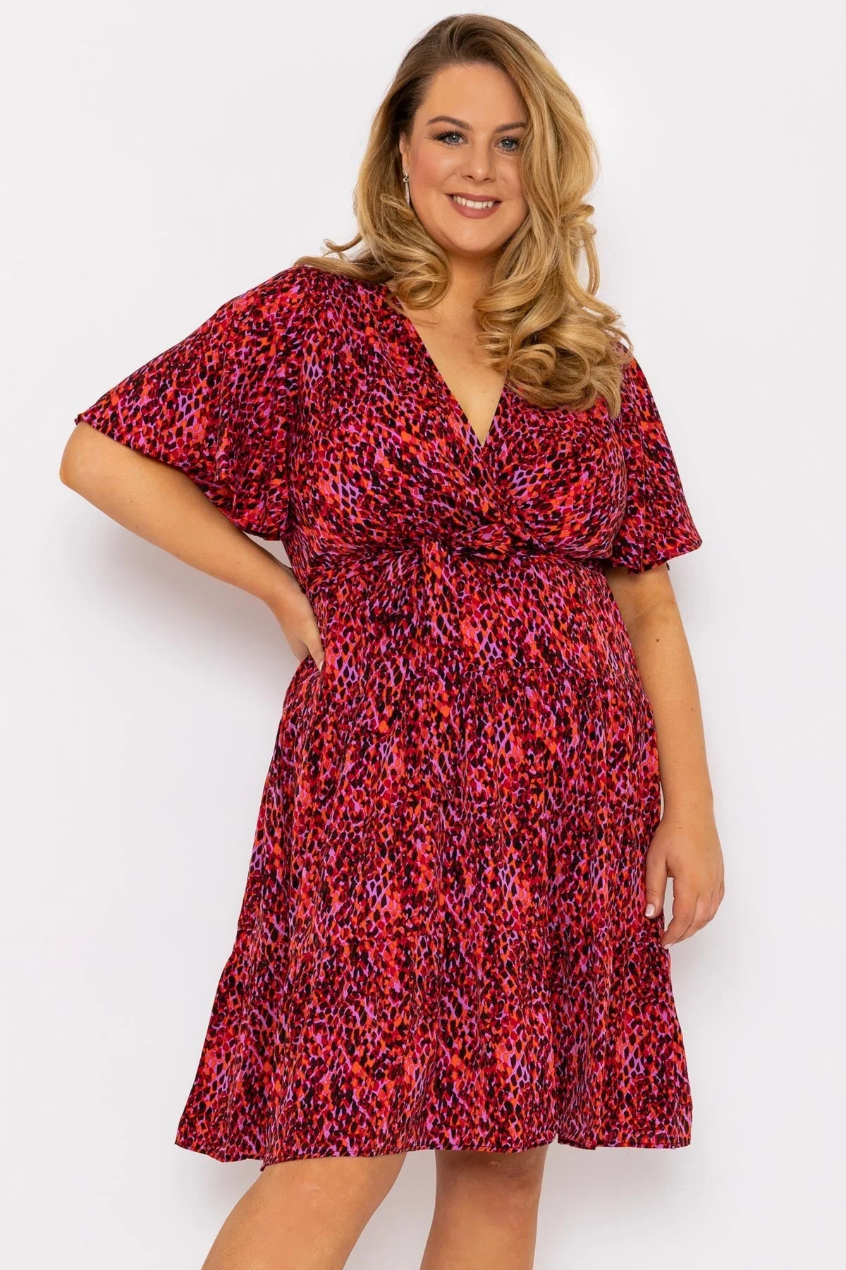 Curve - Wrap Front Knee Length Dress in Pink