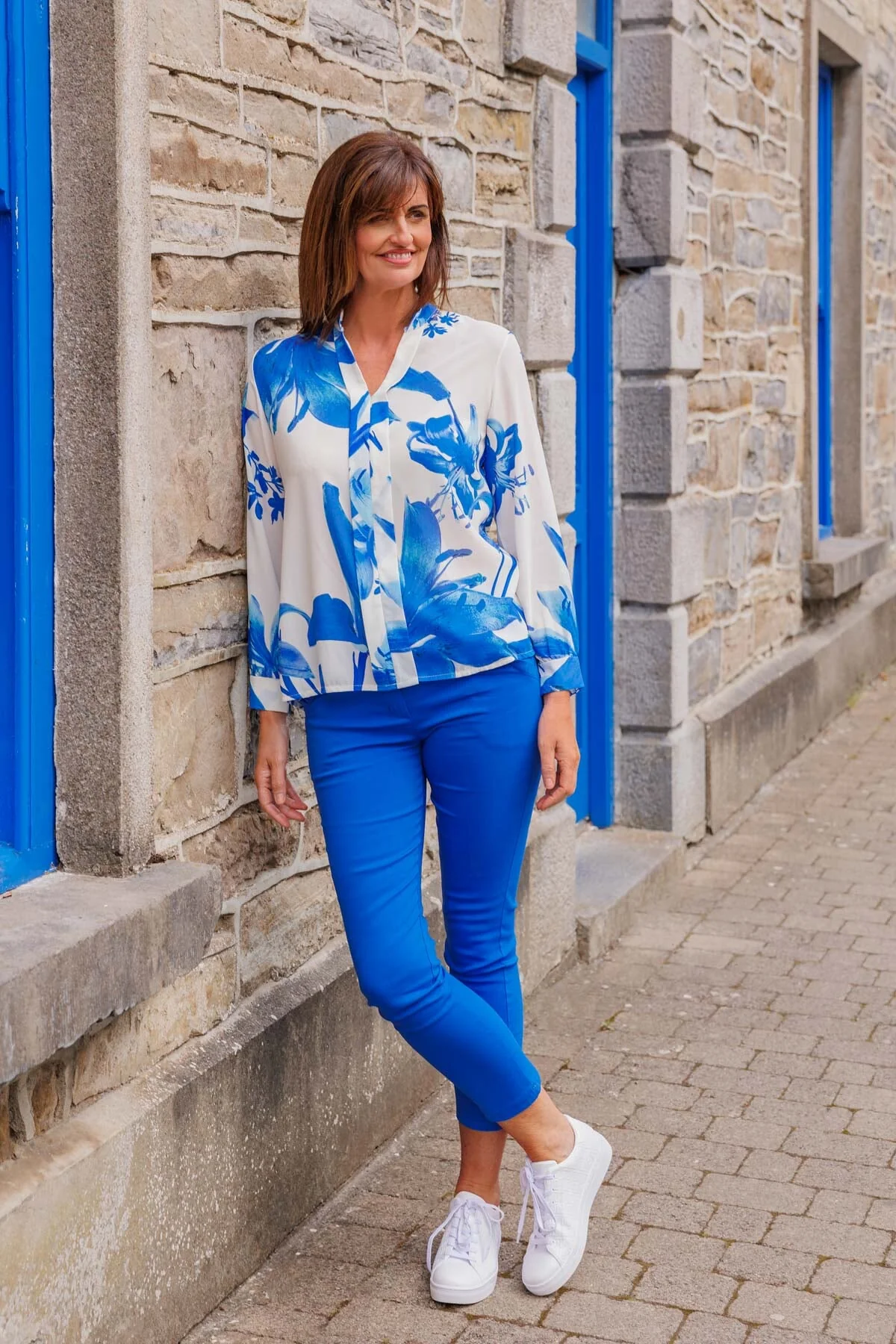 Blue V Neck Printed Blouse