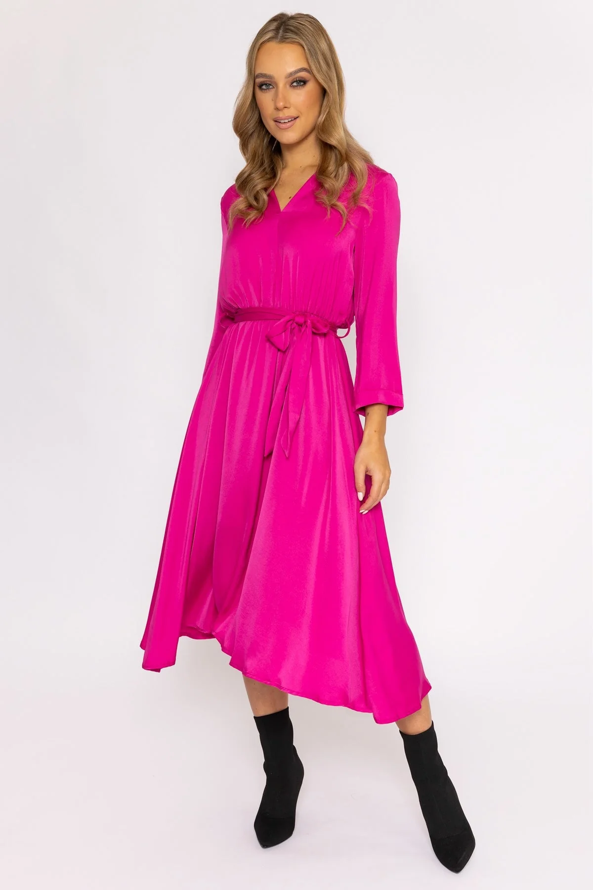 Satin V-Neck Midi Dress in Pink