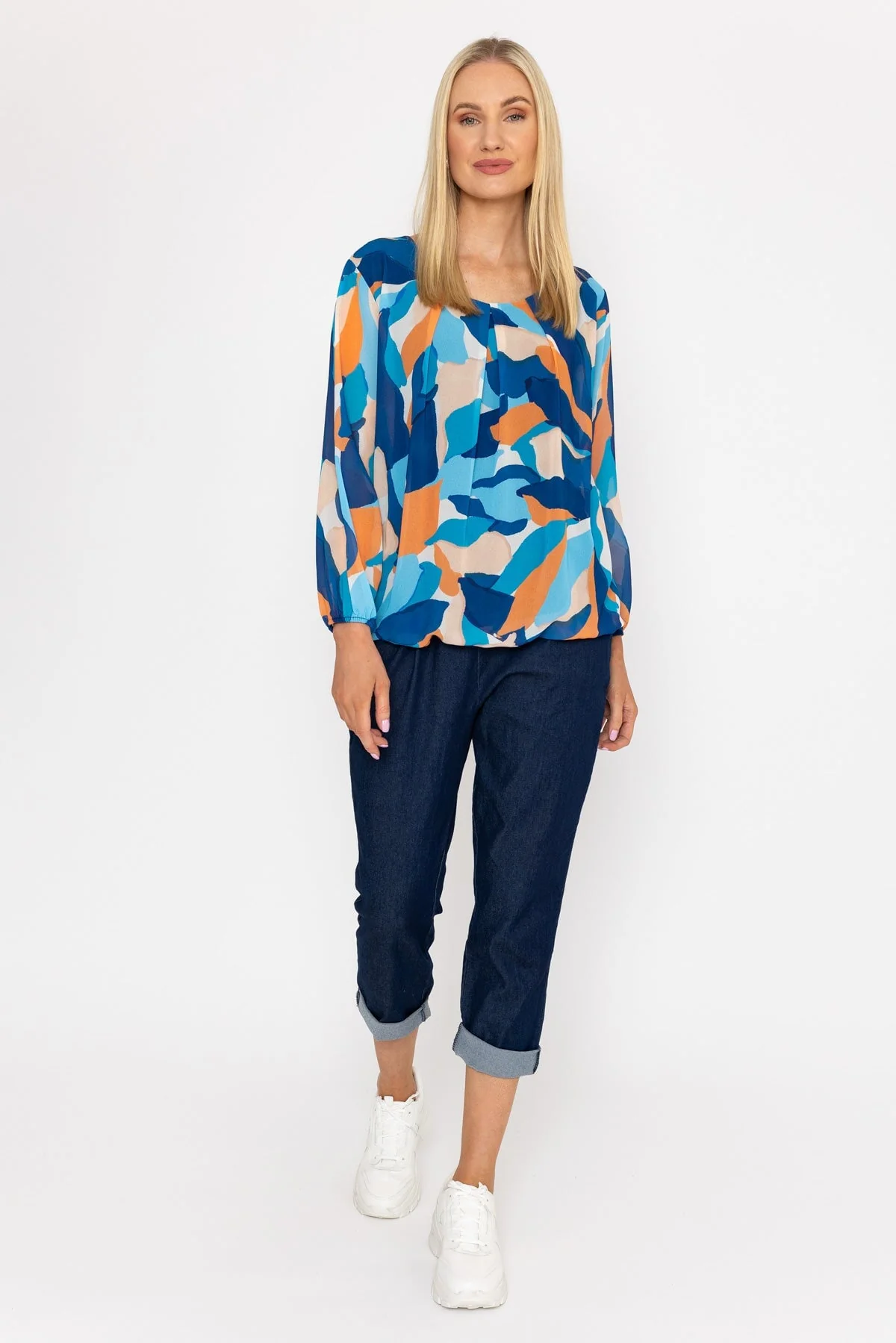 Navy Printed Long Sleeve Blouse