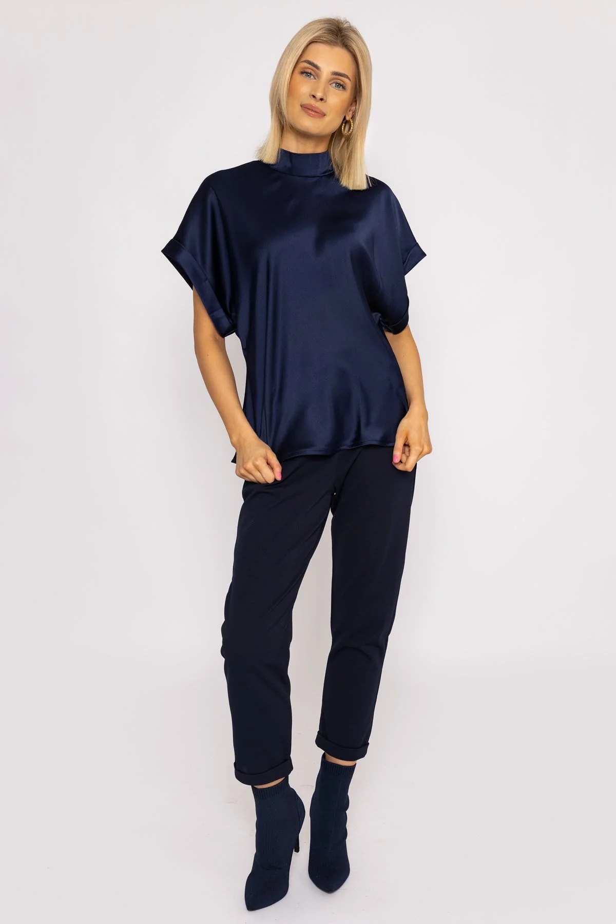 High Neck Sateen Top in Navy