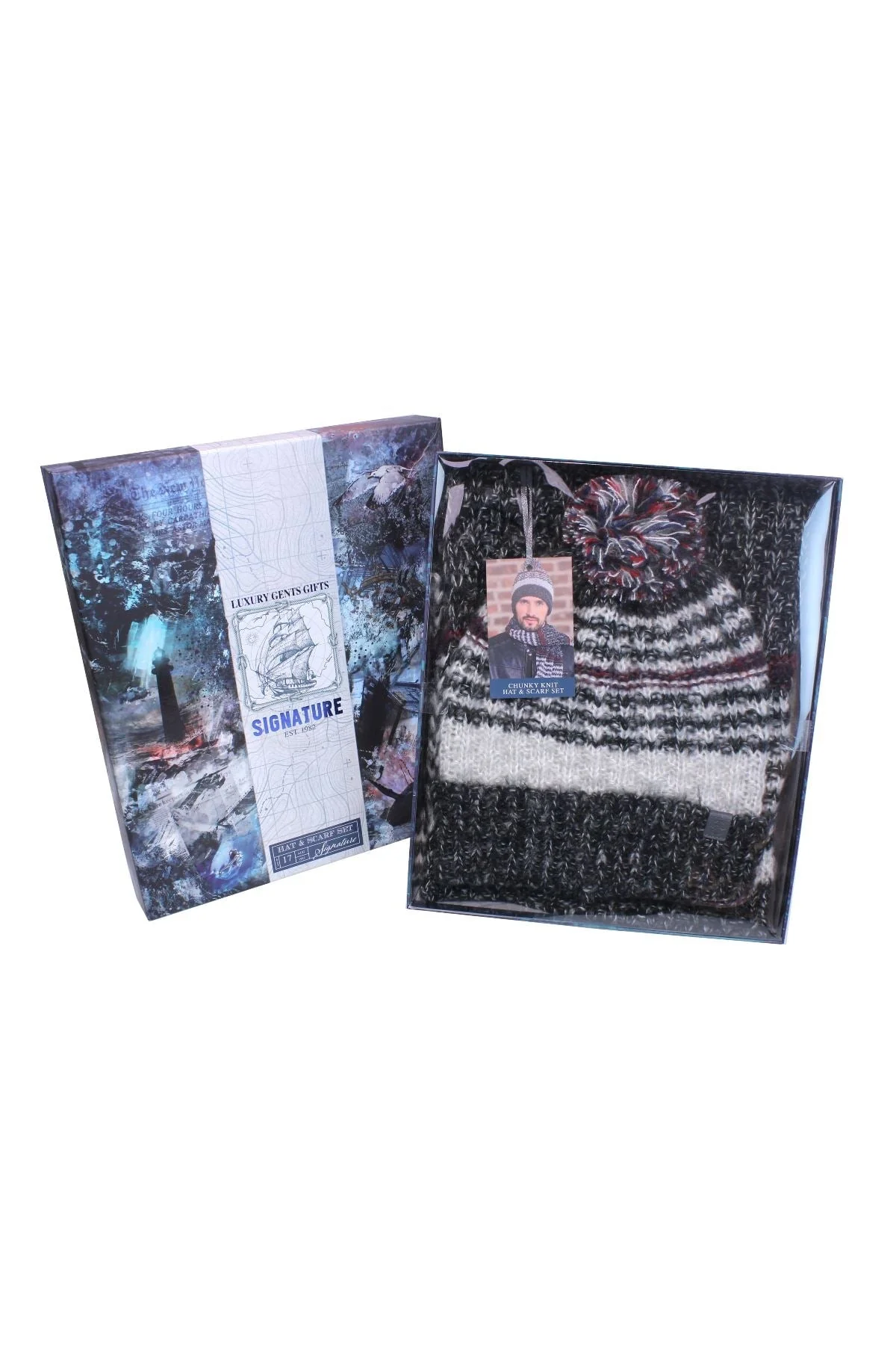 Mens Chunky Knit Hat & Scarf Set in Black