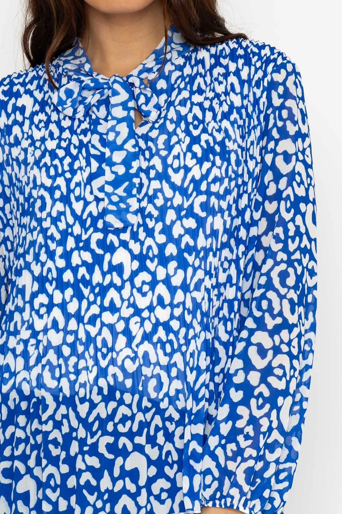 Pleated Pussybow Blouse in Blue Animal Print