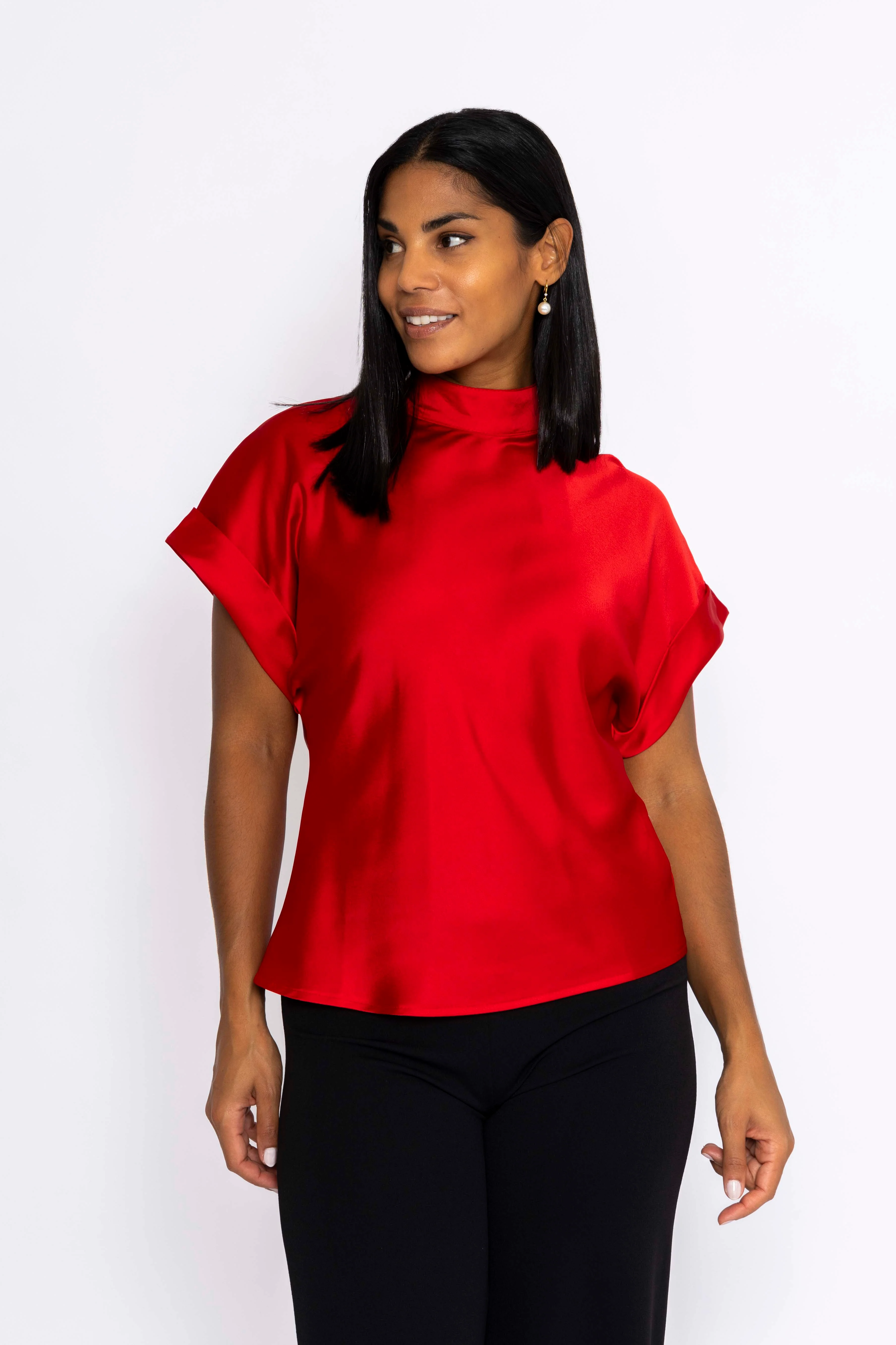 High Neck Sateen Top in Red