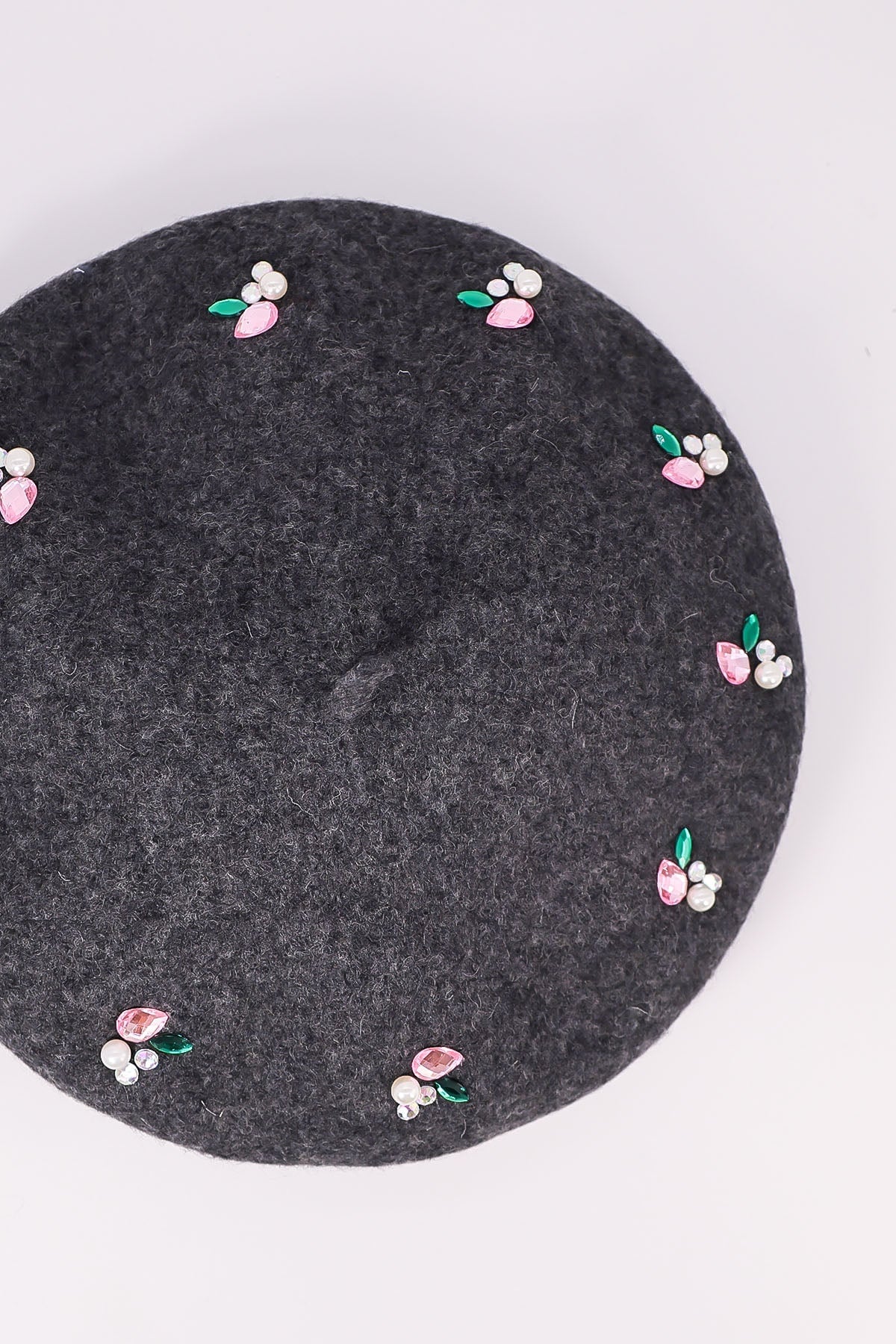 Embellished Wool Blend Beret in Grey