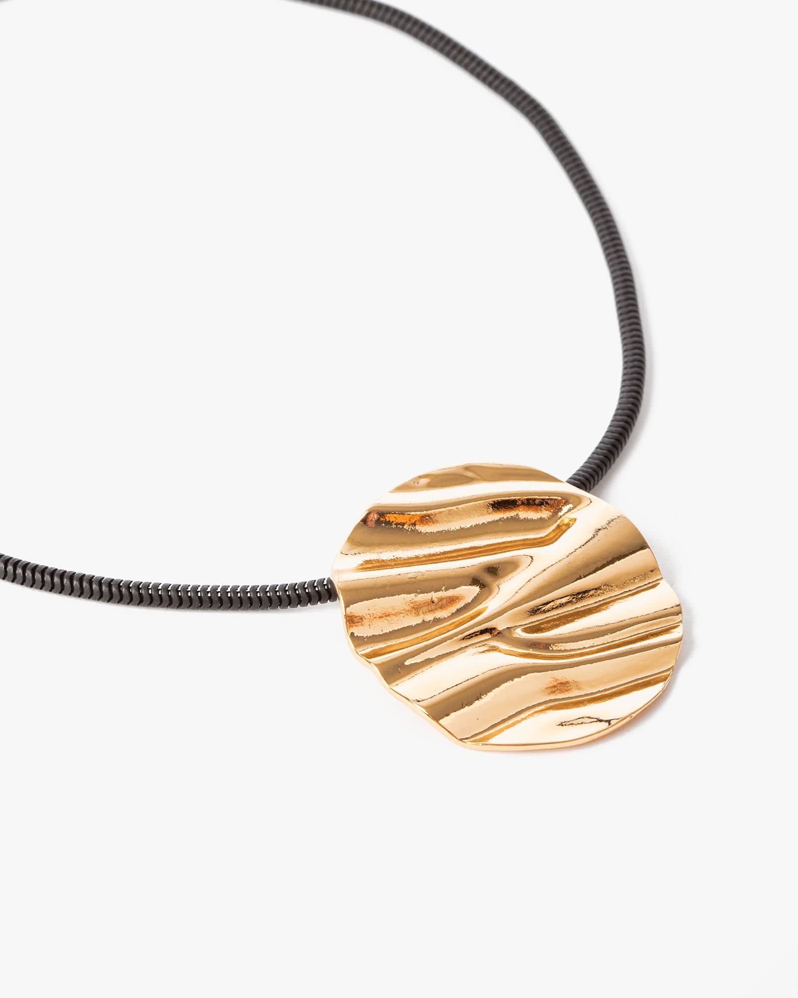 Gold Crumpled Metal Pendant Cord Necklace
