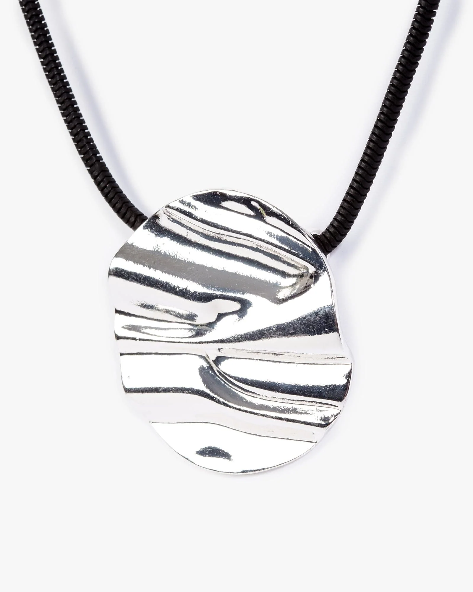 Silver Crumpled Metal Pendant Cord Necklace