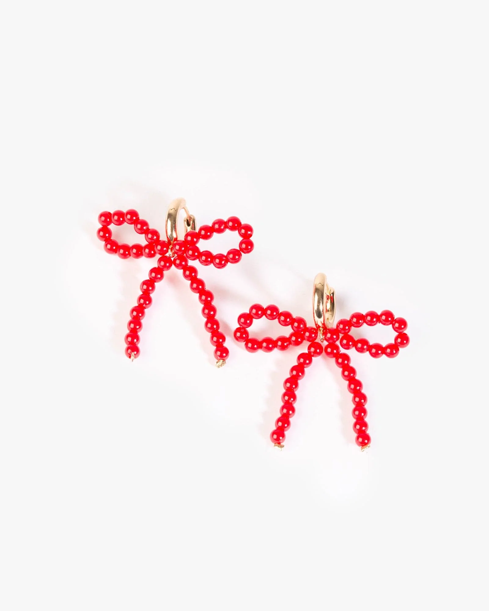 Red Beaded Bow Huggie Hoop Earrings