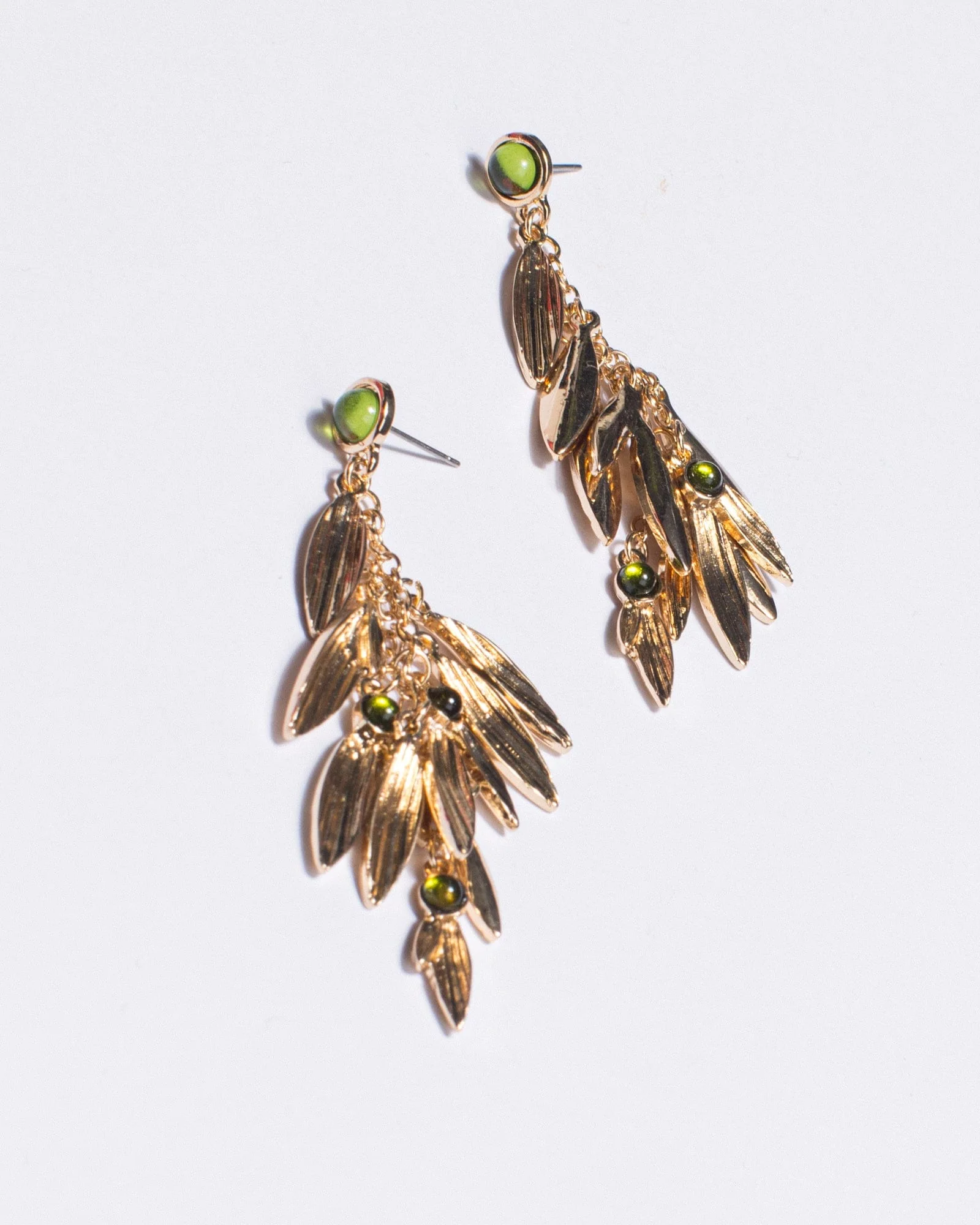 Green Pearl Beaded Leaf Tassel Earrings