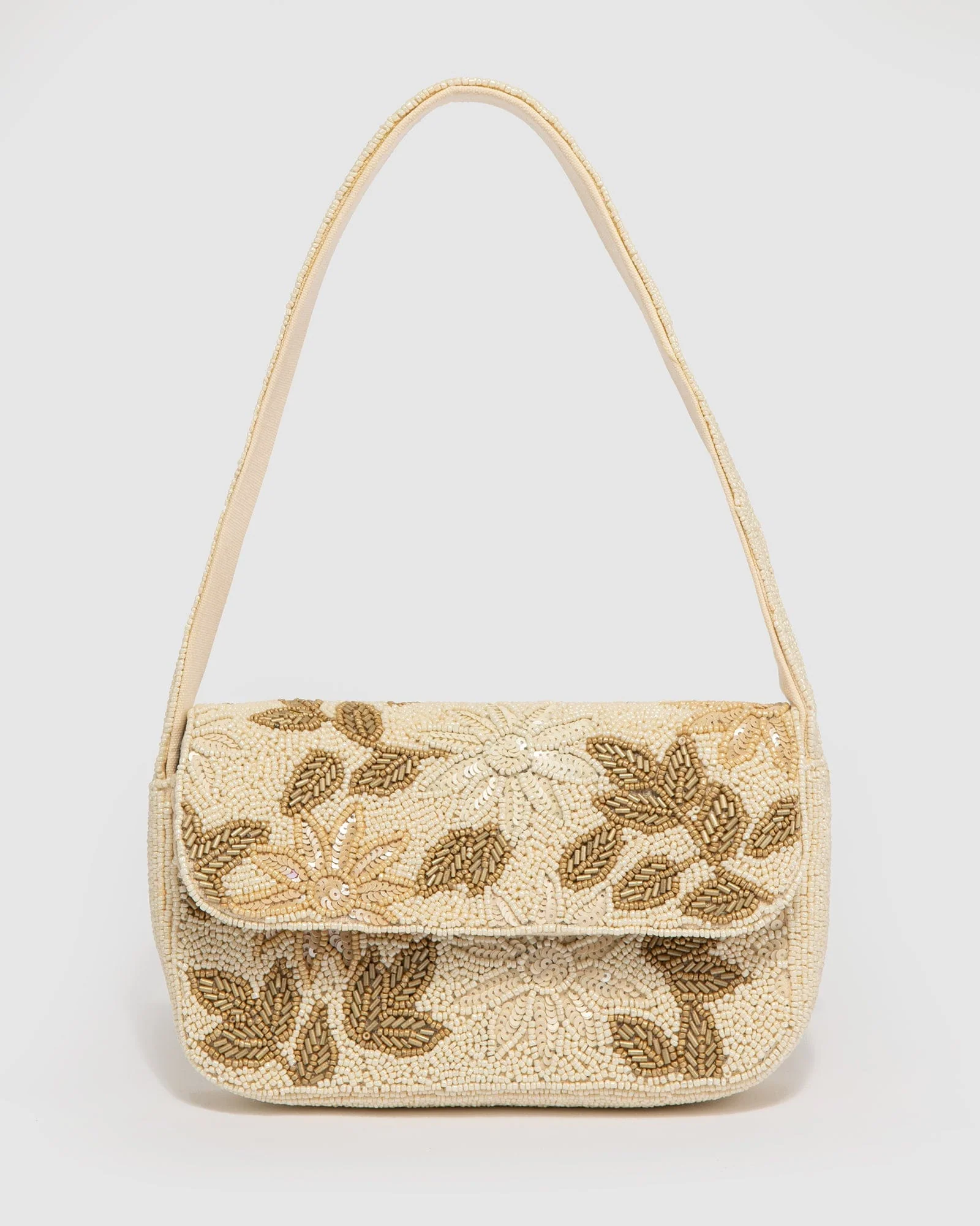 Ivory Floral Beaded Baguette Bag