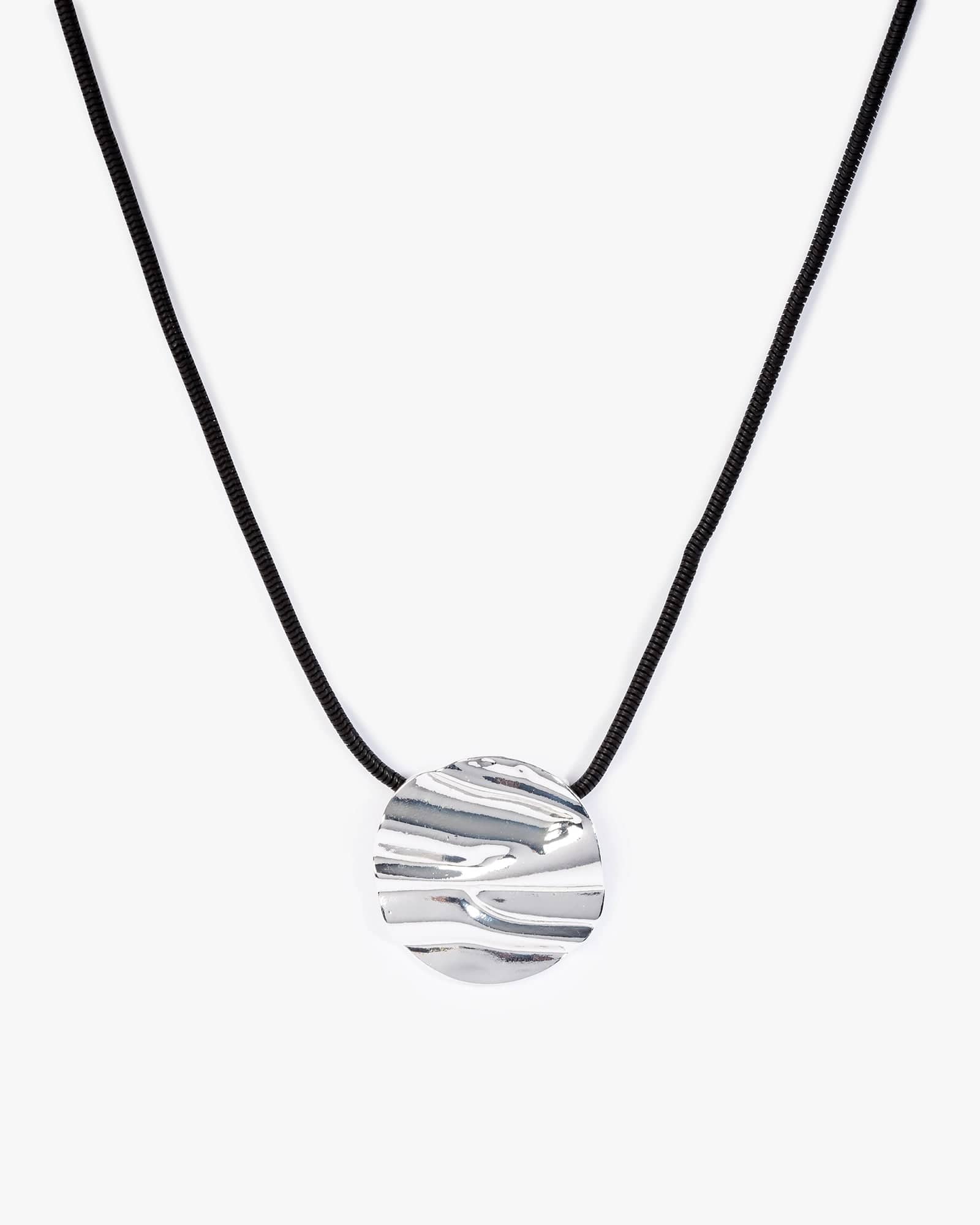 Silver Crumpled Metal Pendant Cord Necklace