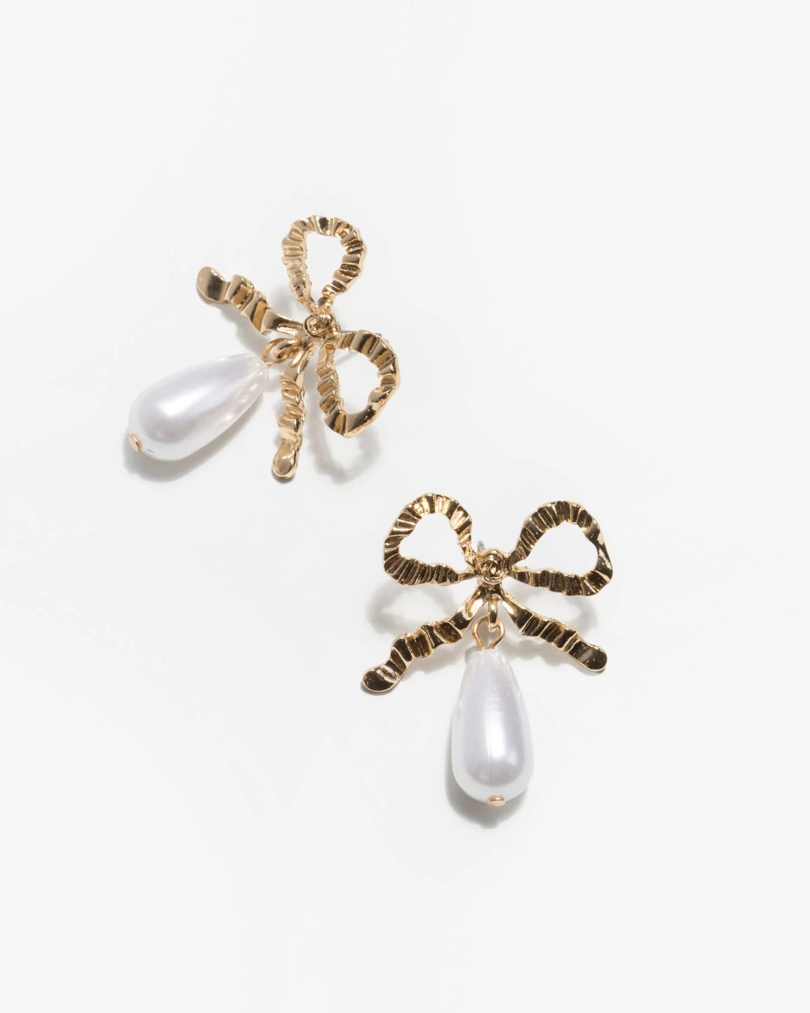 Gold Textured Bow Pearl Drop Earrings