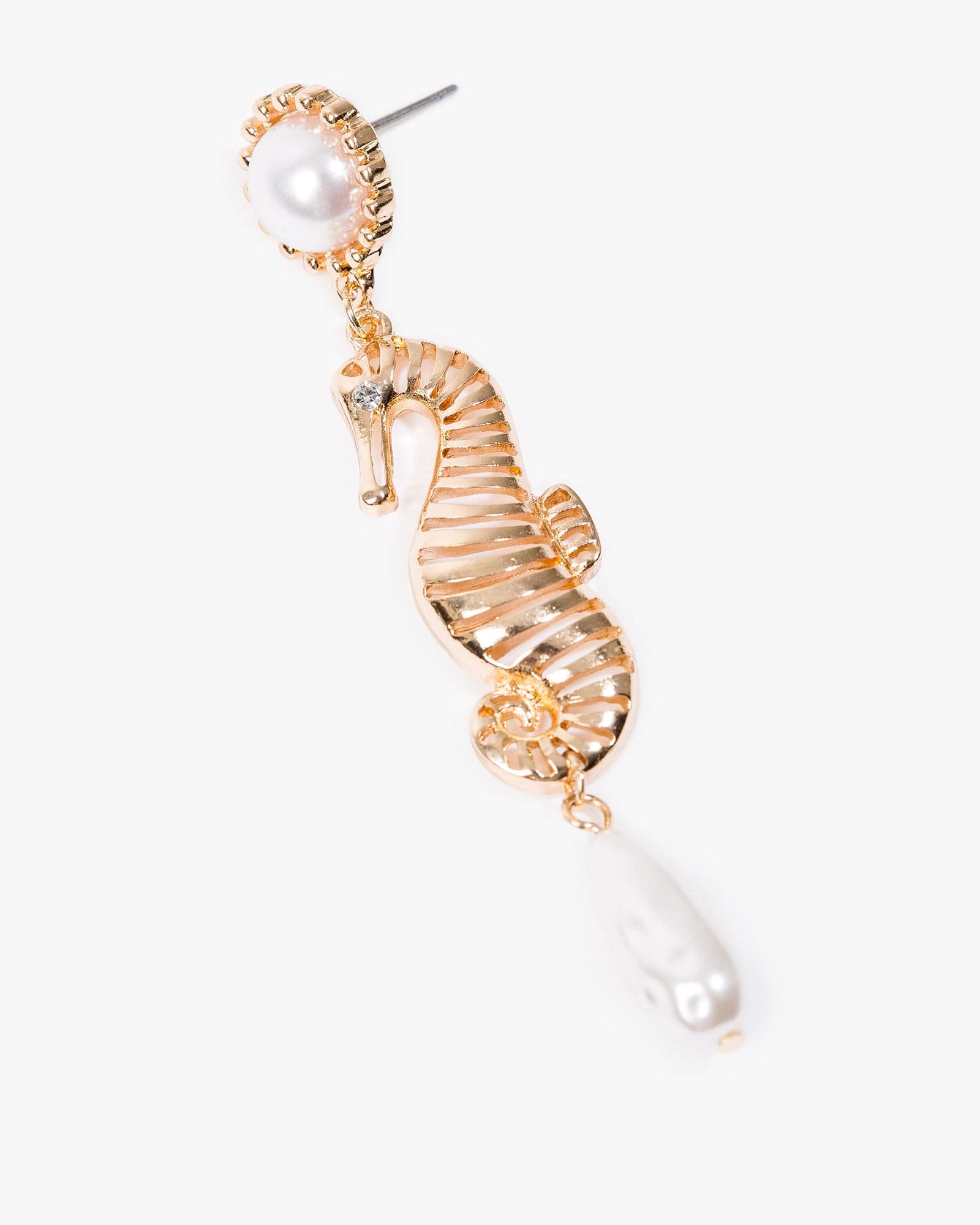 Gold Seahorse Motif Pearl Drop Earrings