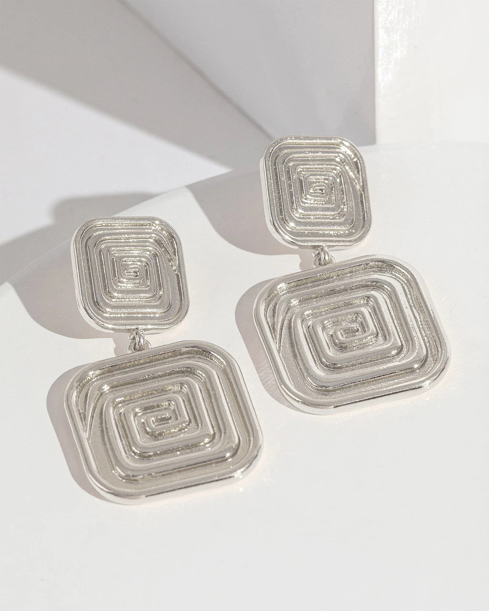 Silver Spiral Double Drop Square Earrings