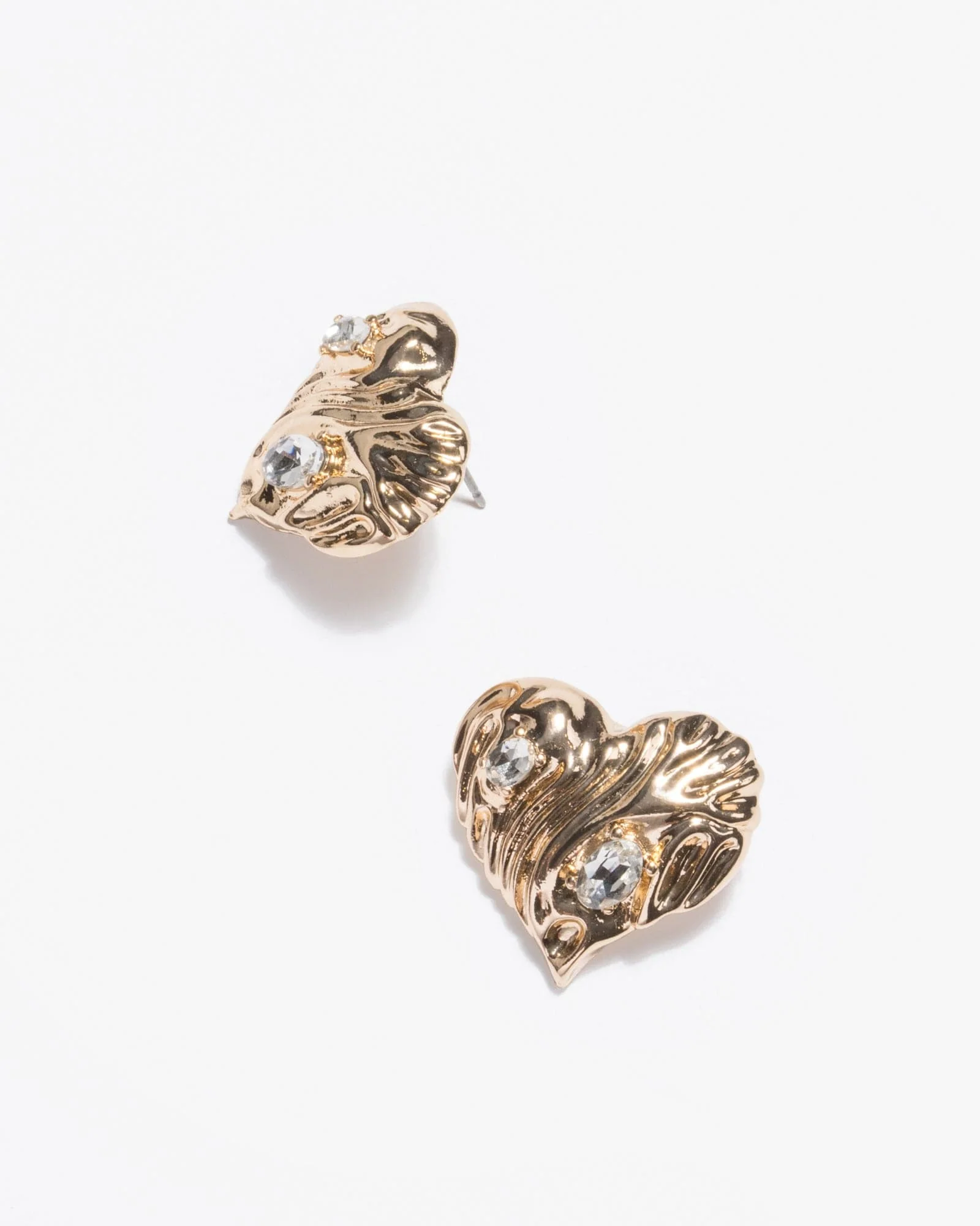 Gold Crystal Ribbed Heart Stud Earrings
