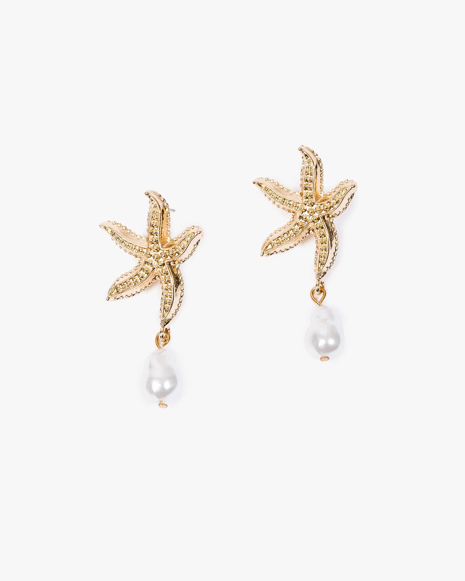 Gold Pearl Drop Textured Starfish Motif Earrings