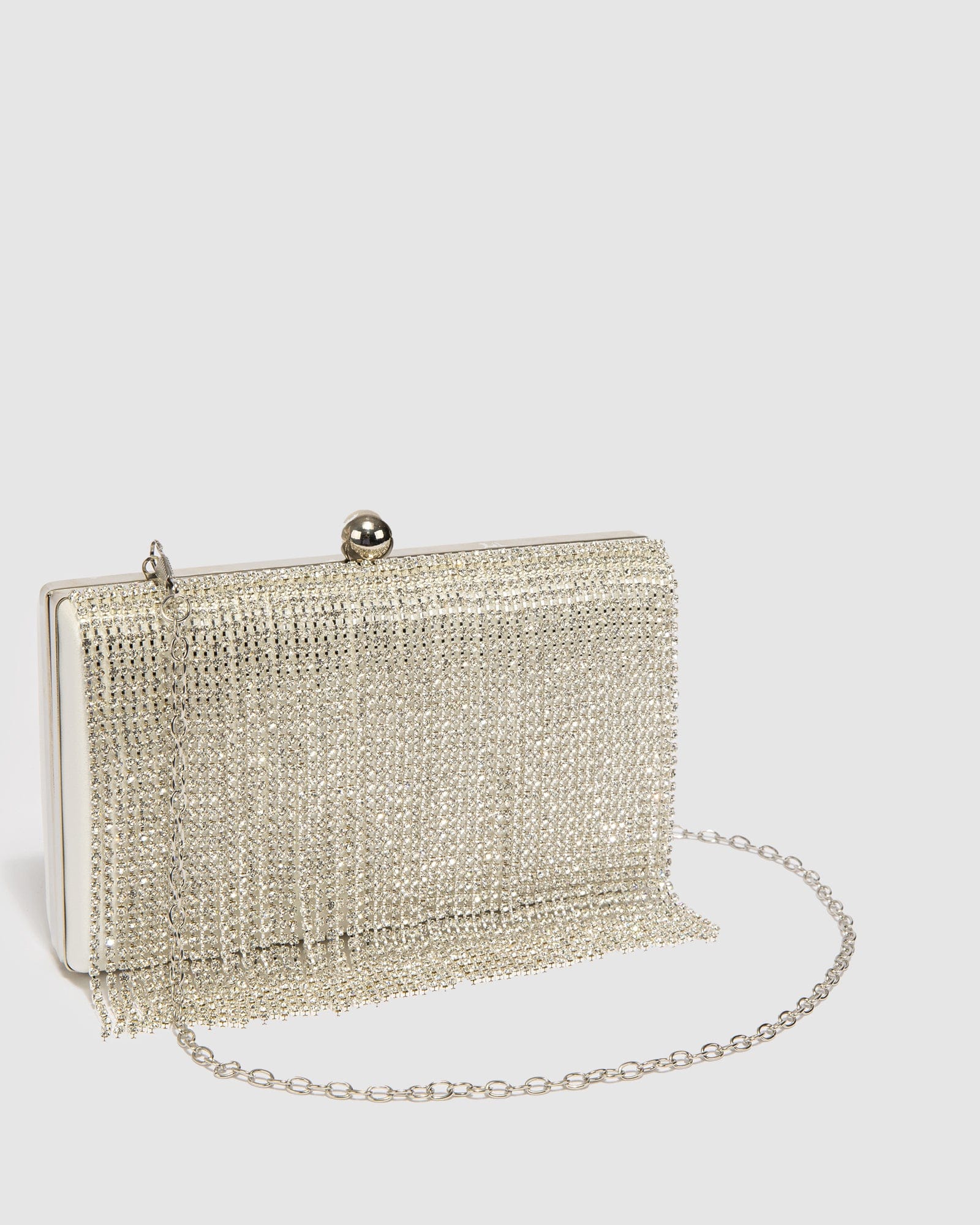Silver Crystal Fringe Hardcase Clutch Bag
