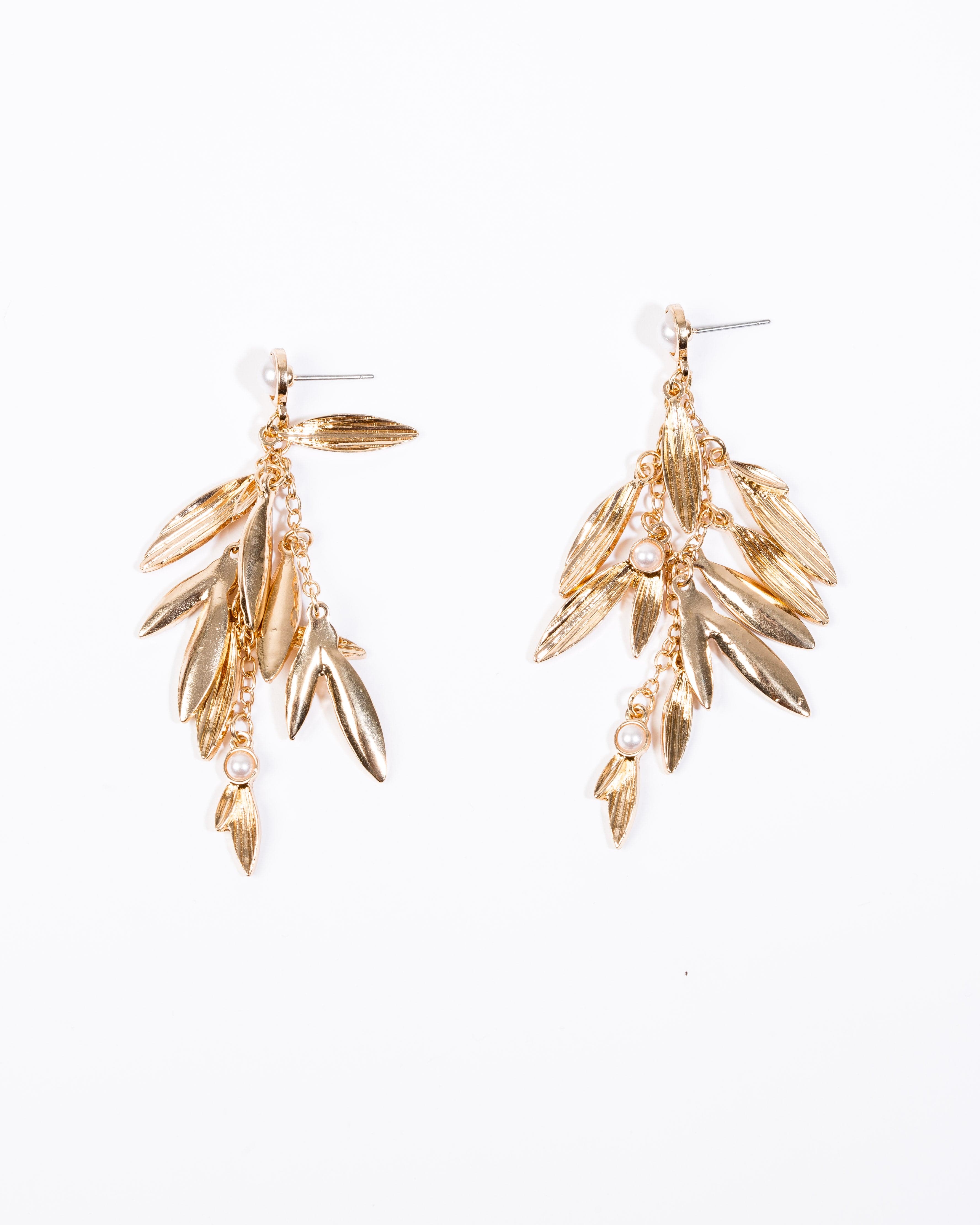 White Pearl Beaded Leaf Tassel Earrings