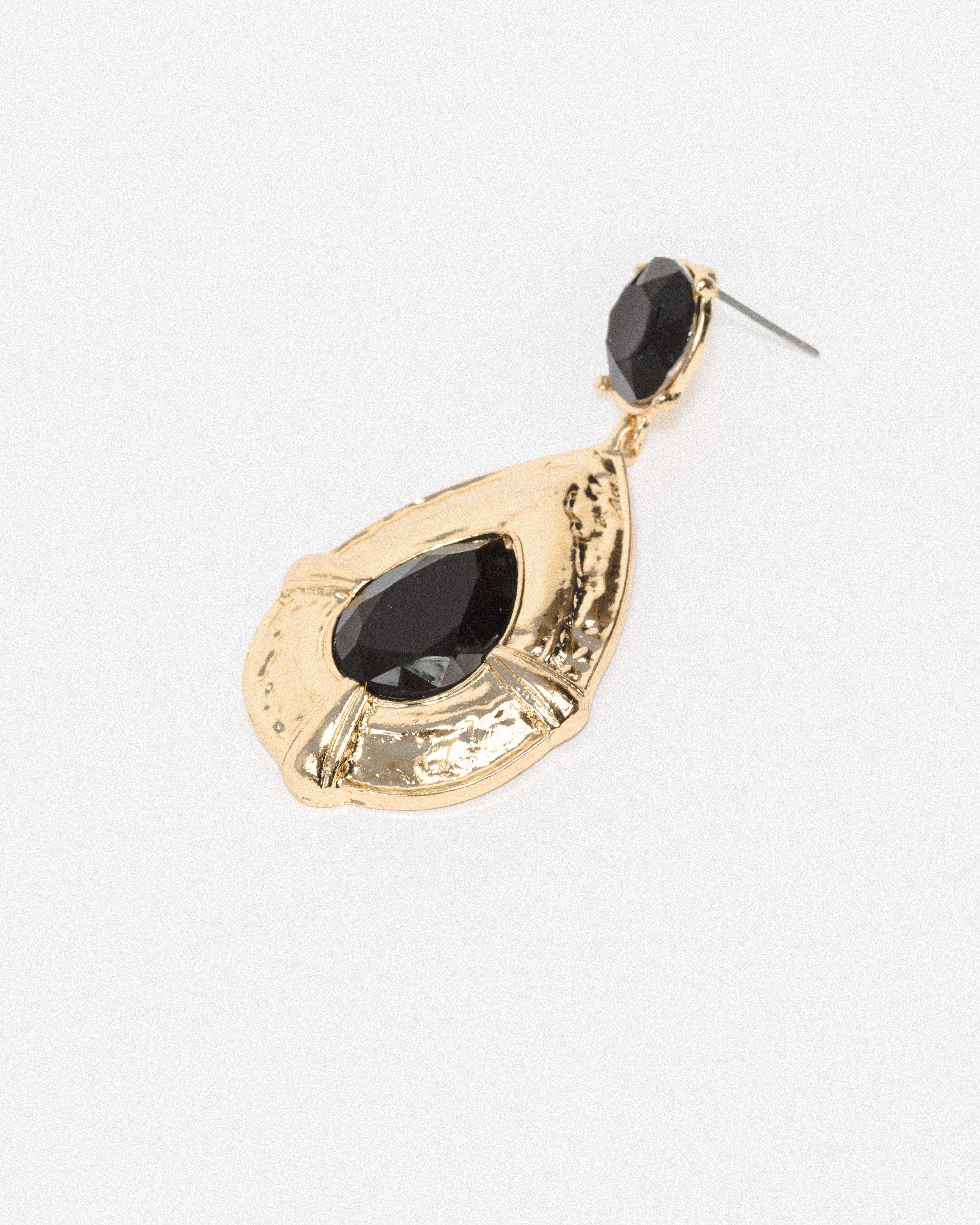 Black Textured Framed Tear Drop Earrings