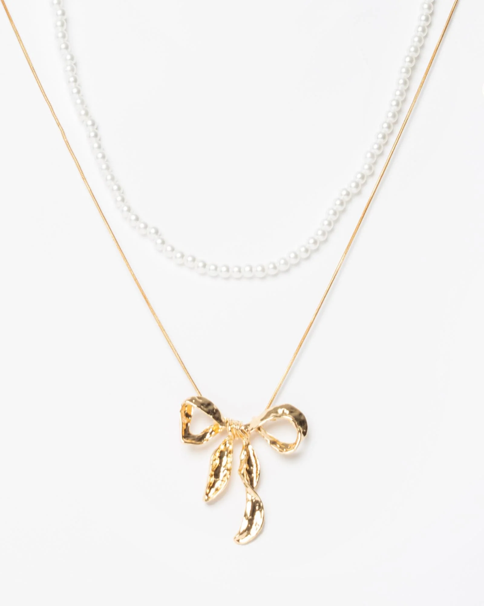 Gold Bow Charm Pearl Detail 2 Pack Necklace