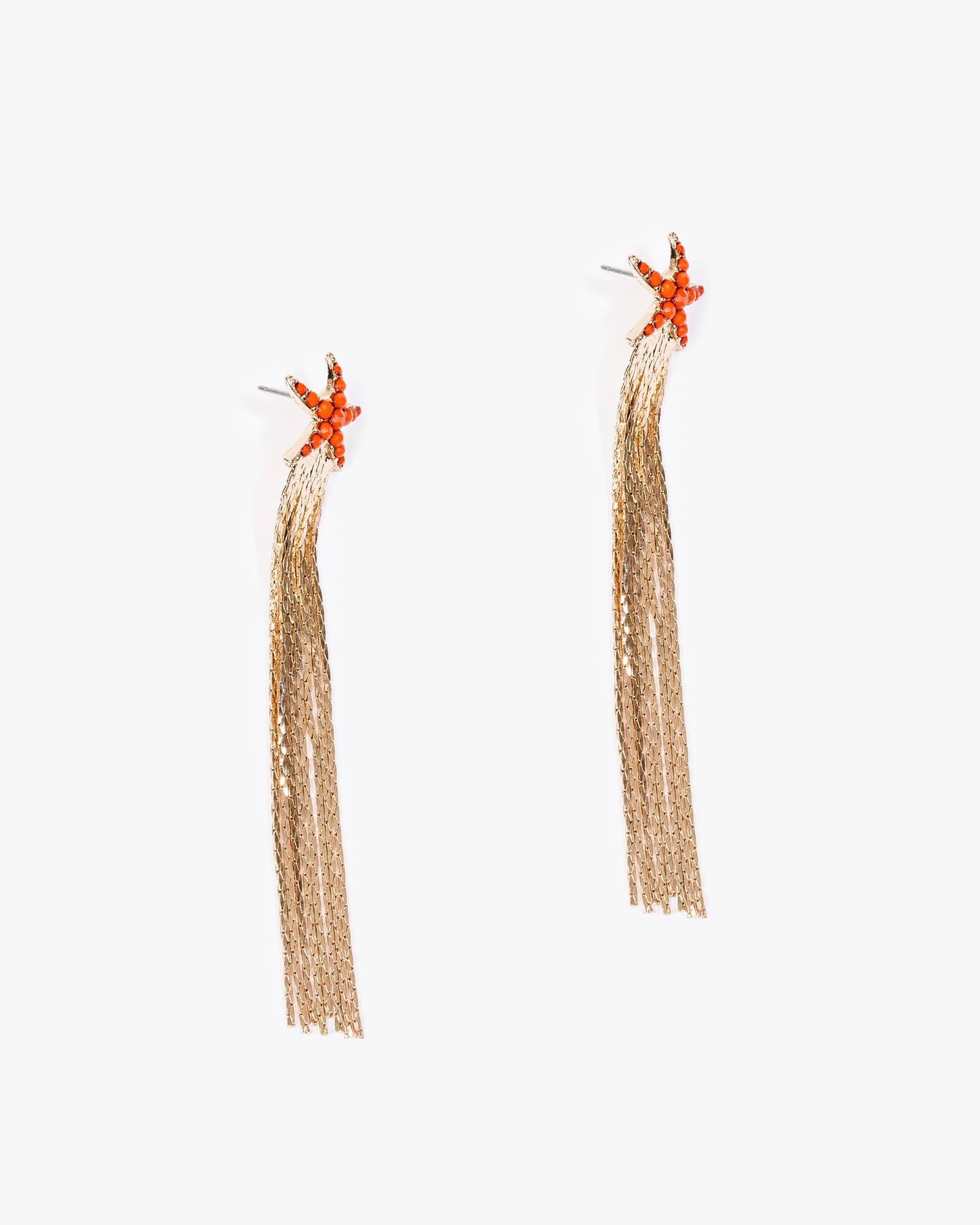 Orange Embellished Starfish Tassel Earrings