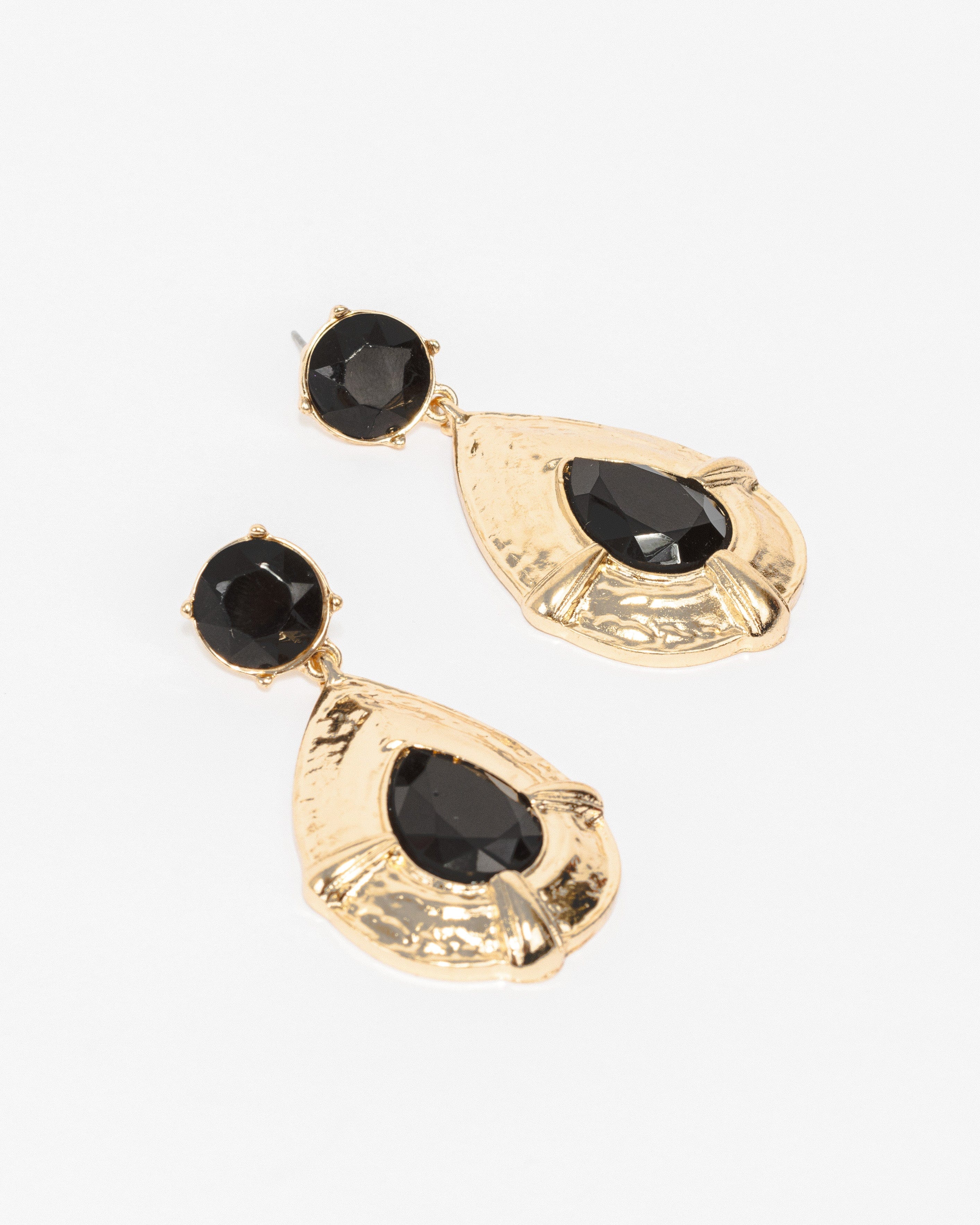 Black Textured Framed Tear Drop Earrings