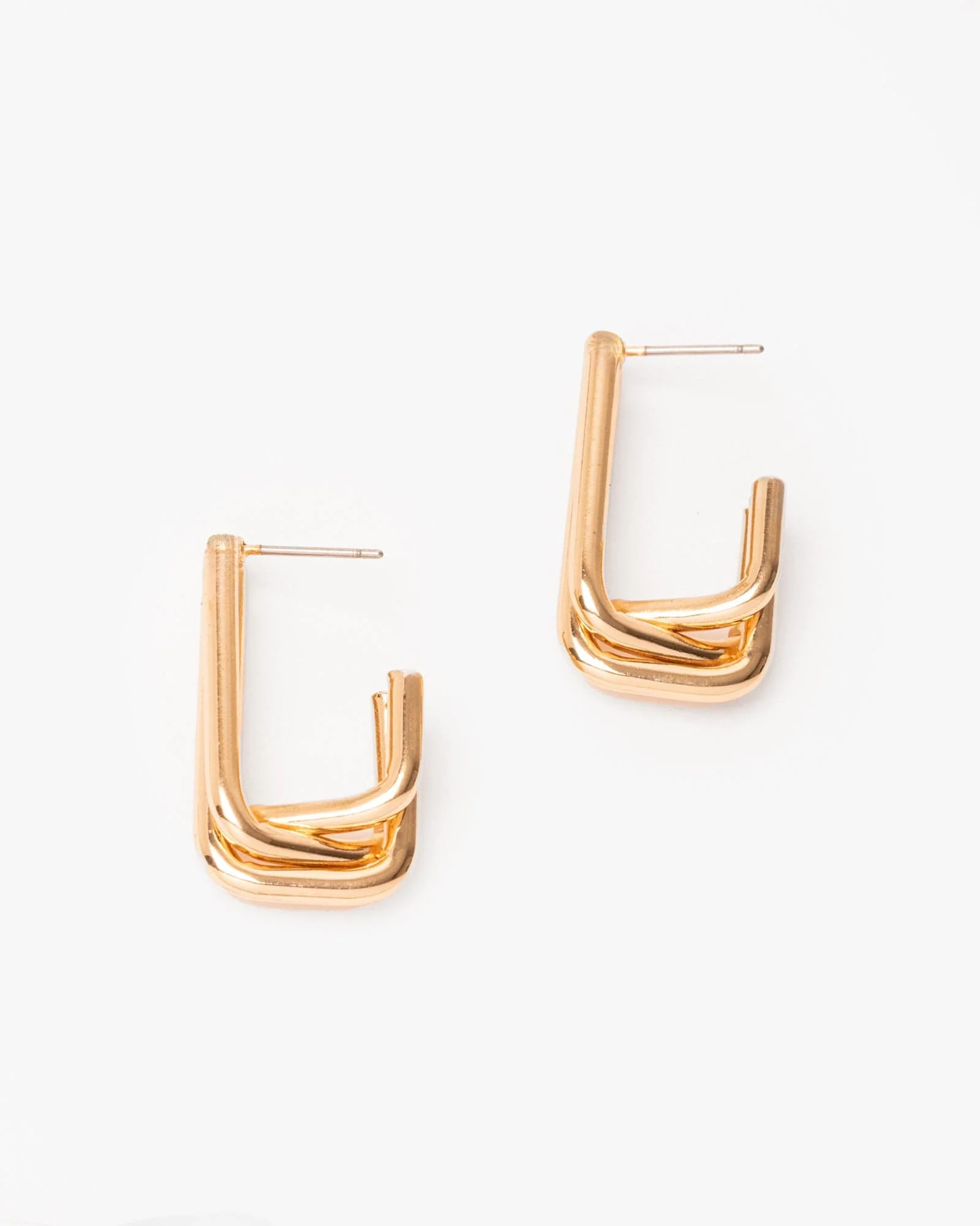 Gold 3 Bar Rectangular Hoop Earrings