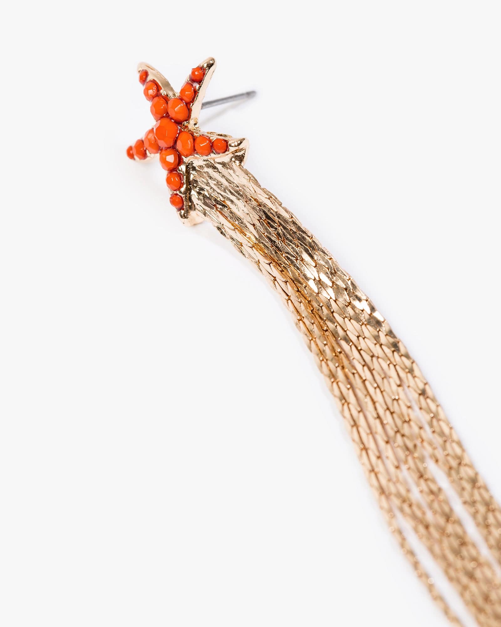 Orange Embellished Starfish Tassel Earrings