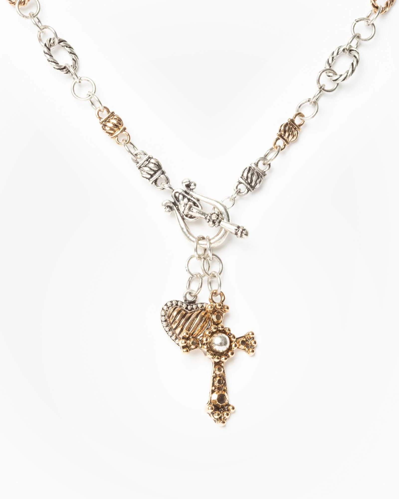 Multi Colour Antique Cross And Heart Necklace