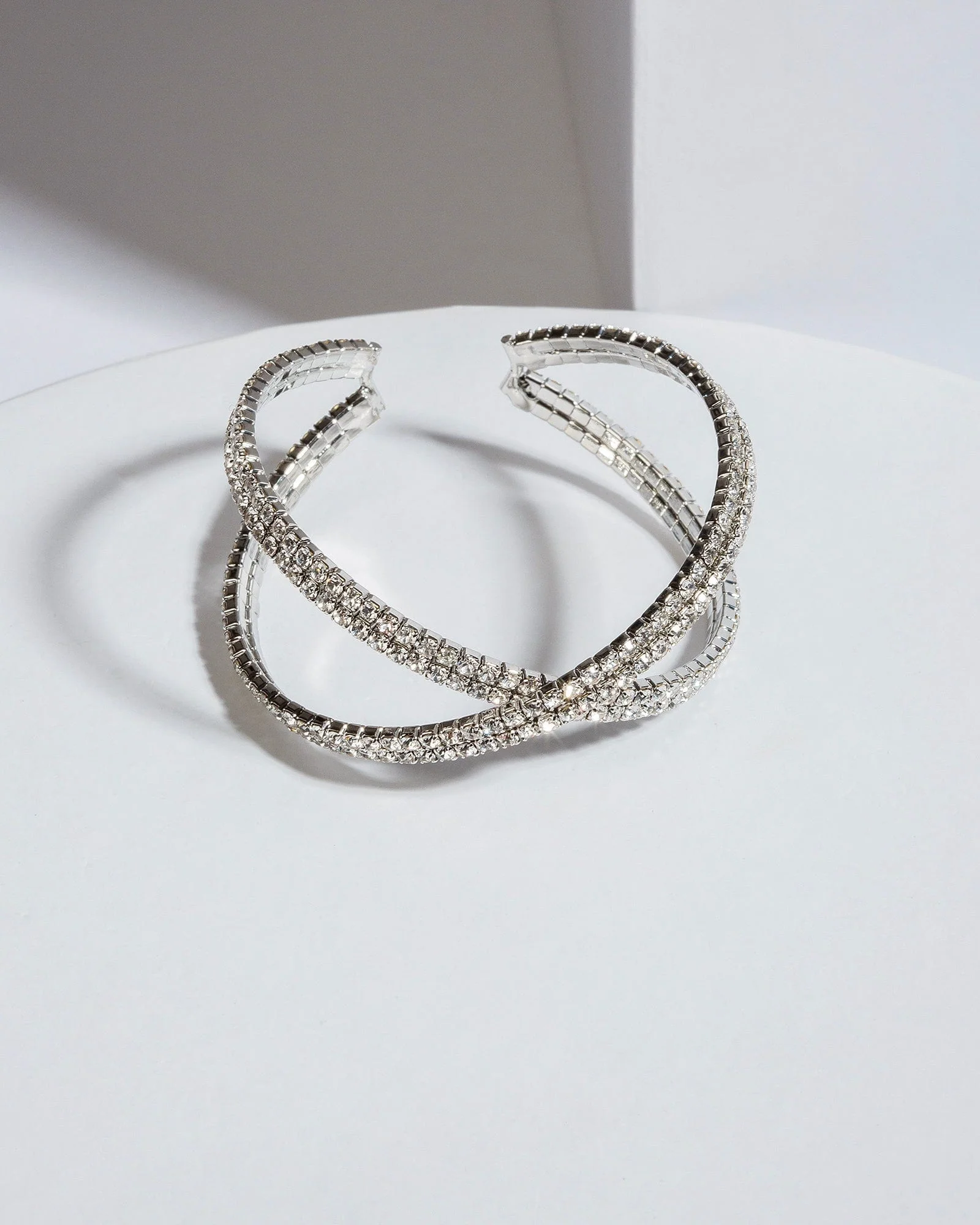 Crystal Crossover Double Row Cuff Rhodium Bracelet