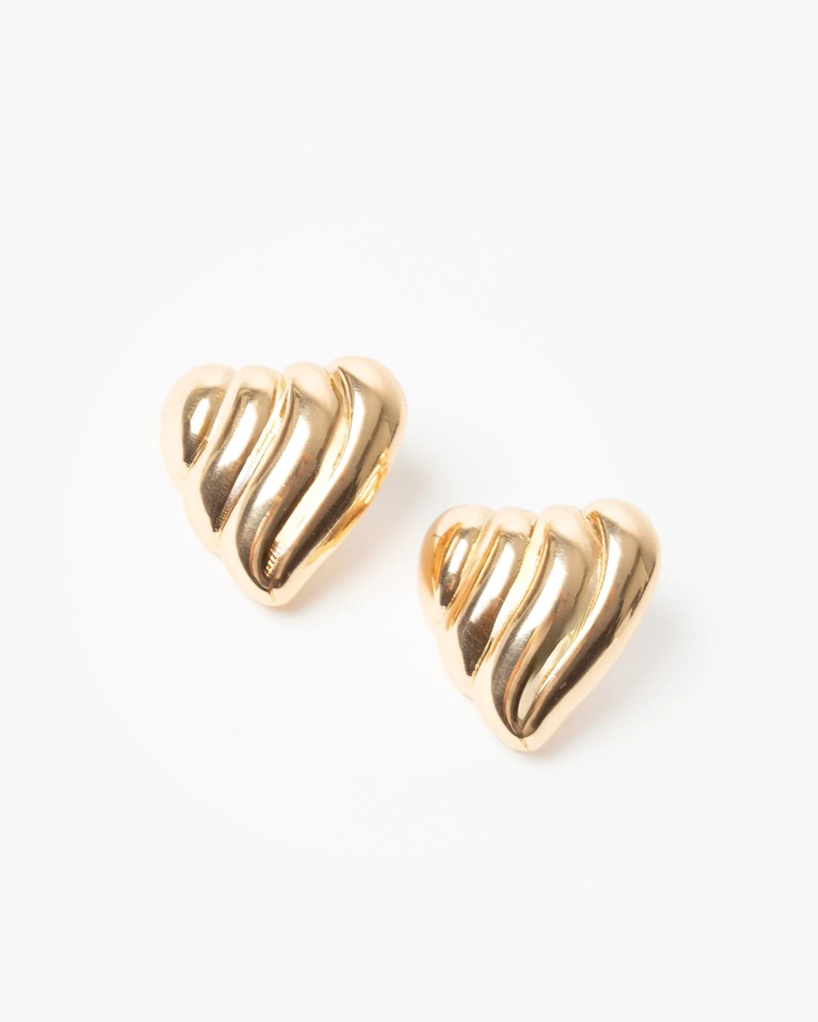 Gold Ribbed Heart Stud Earrings