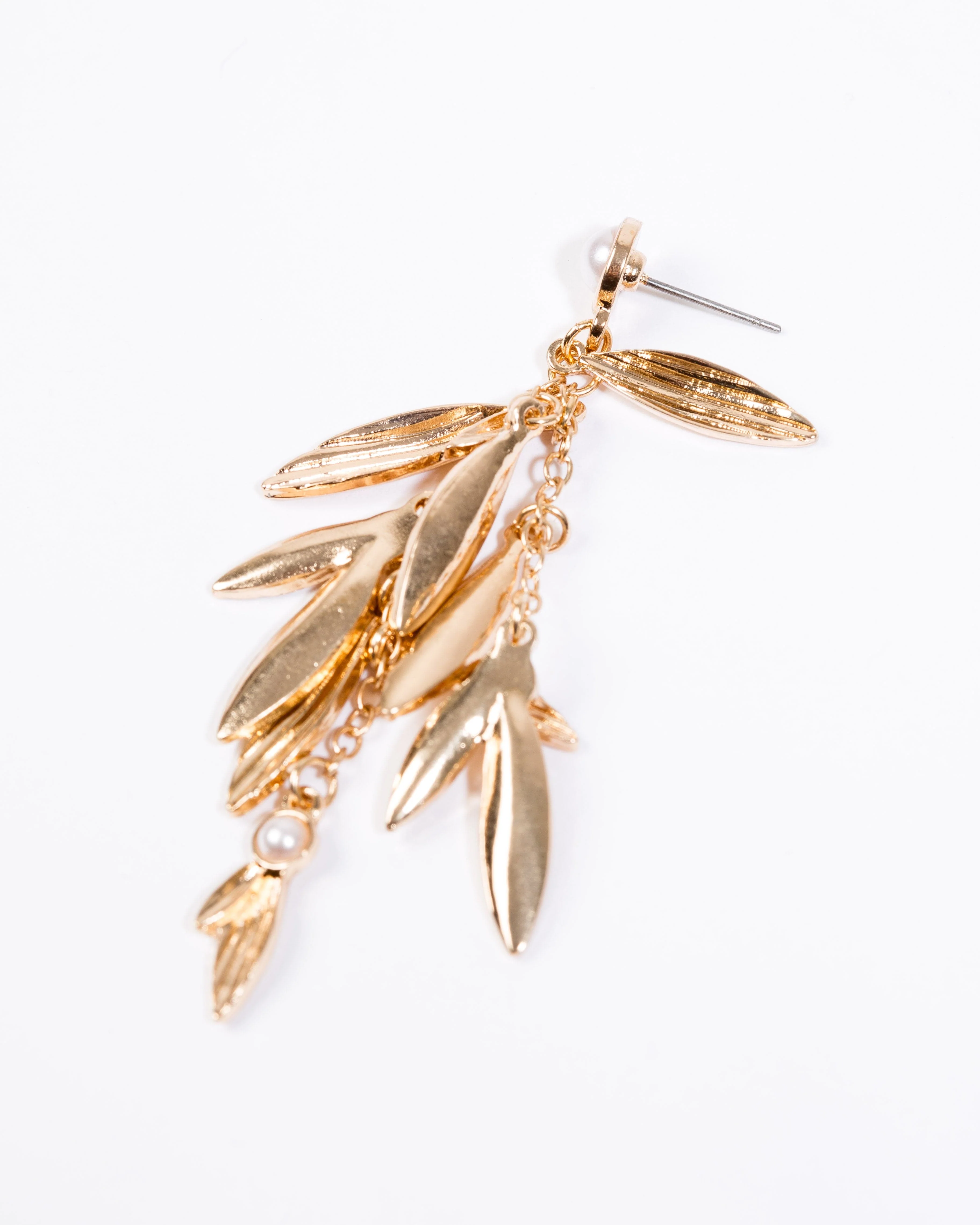 White Pearl Beaded Leaf Tassel Earrings