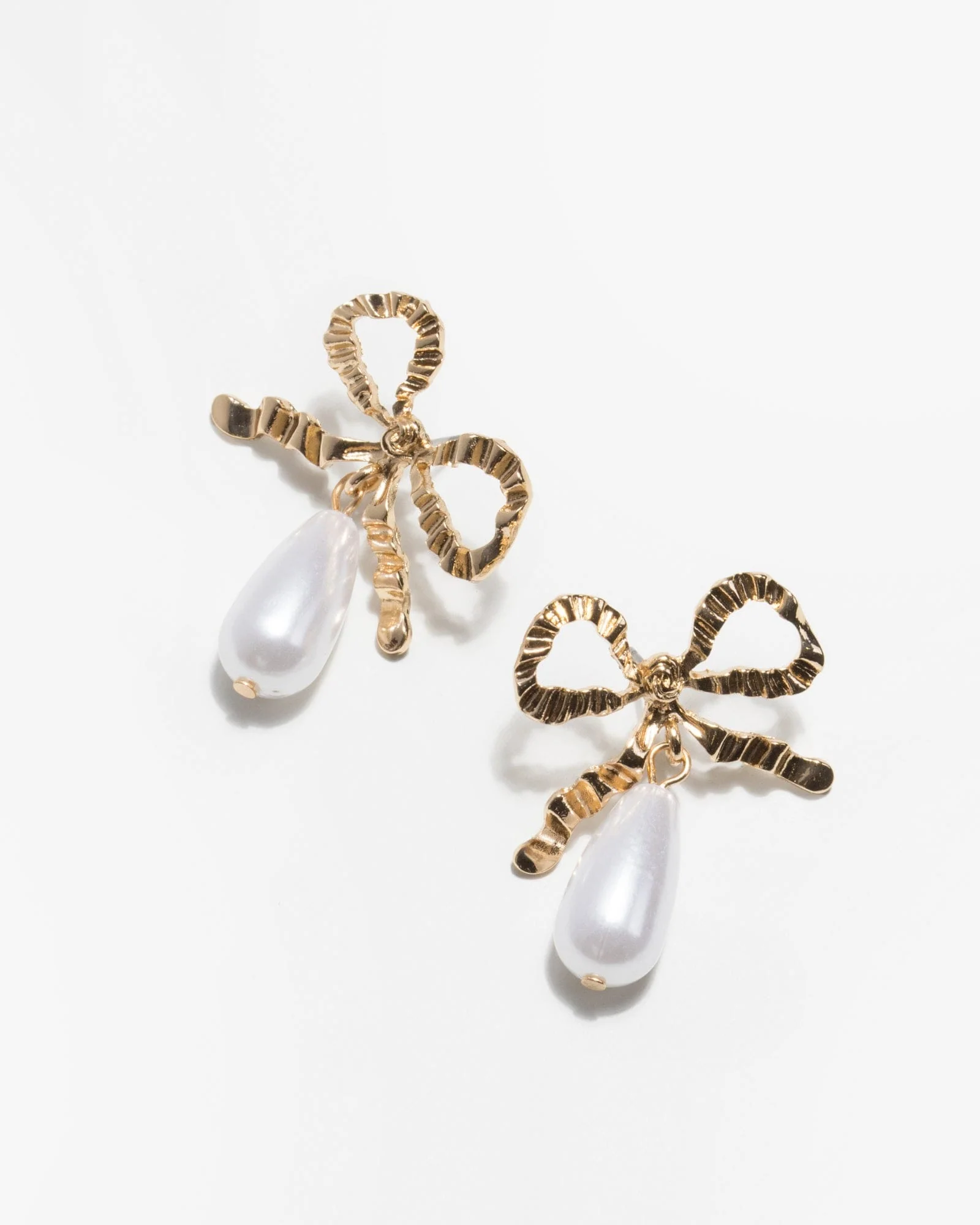 Gold Textured Bow Pearl Drop Earrings