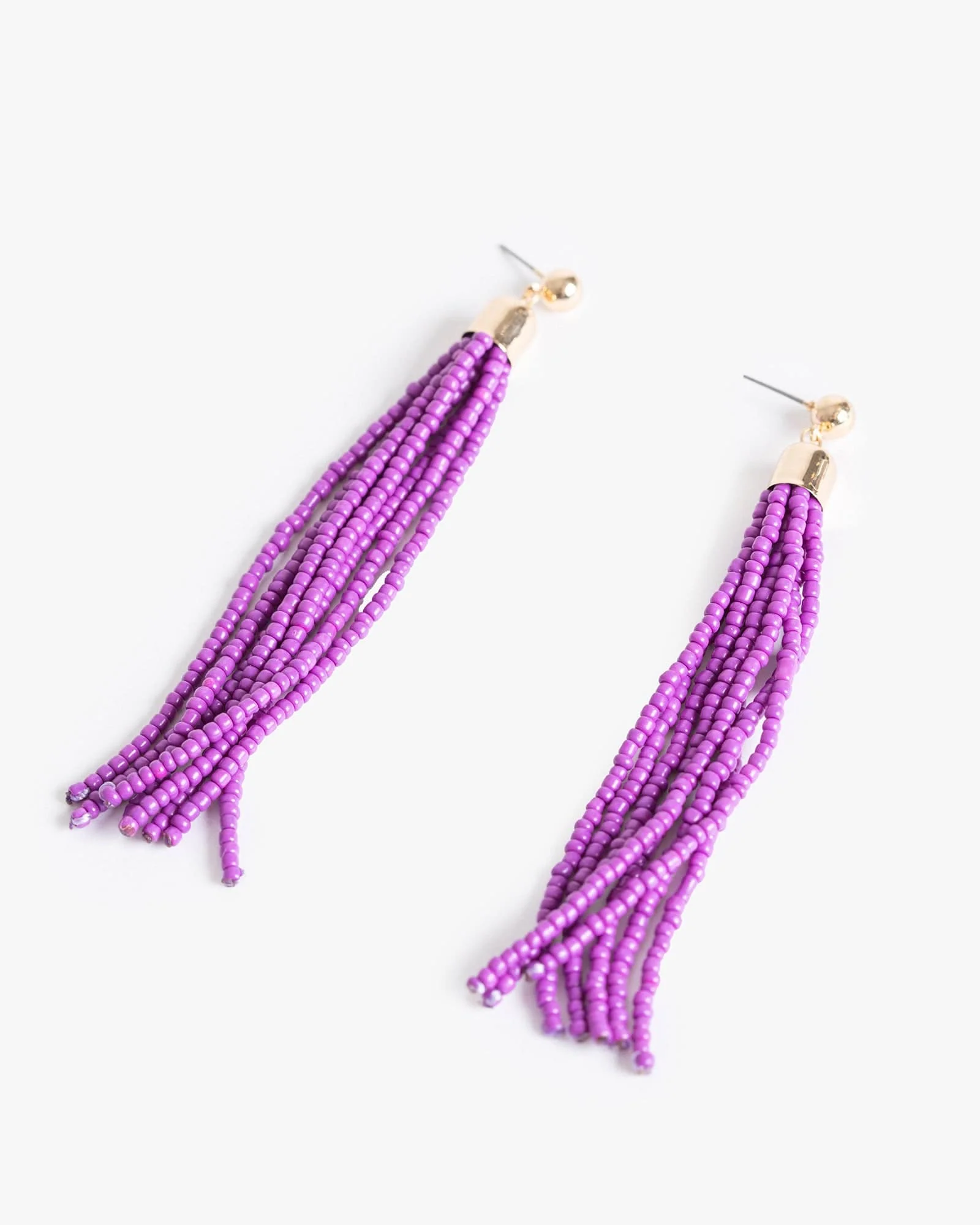 Purple Beaded Tassel Statement Earrings