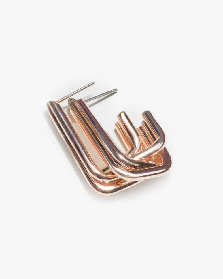 Rose Gold 3 Bar Rectangular Hoop Earrings