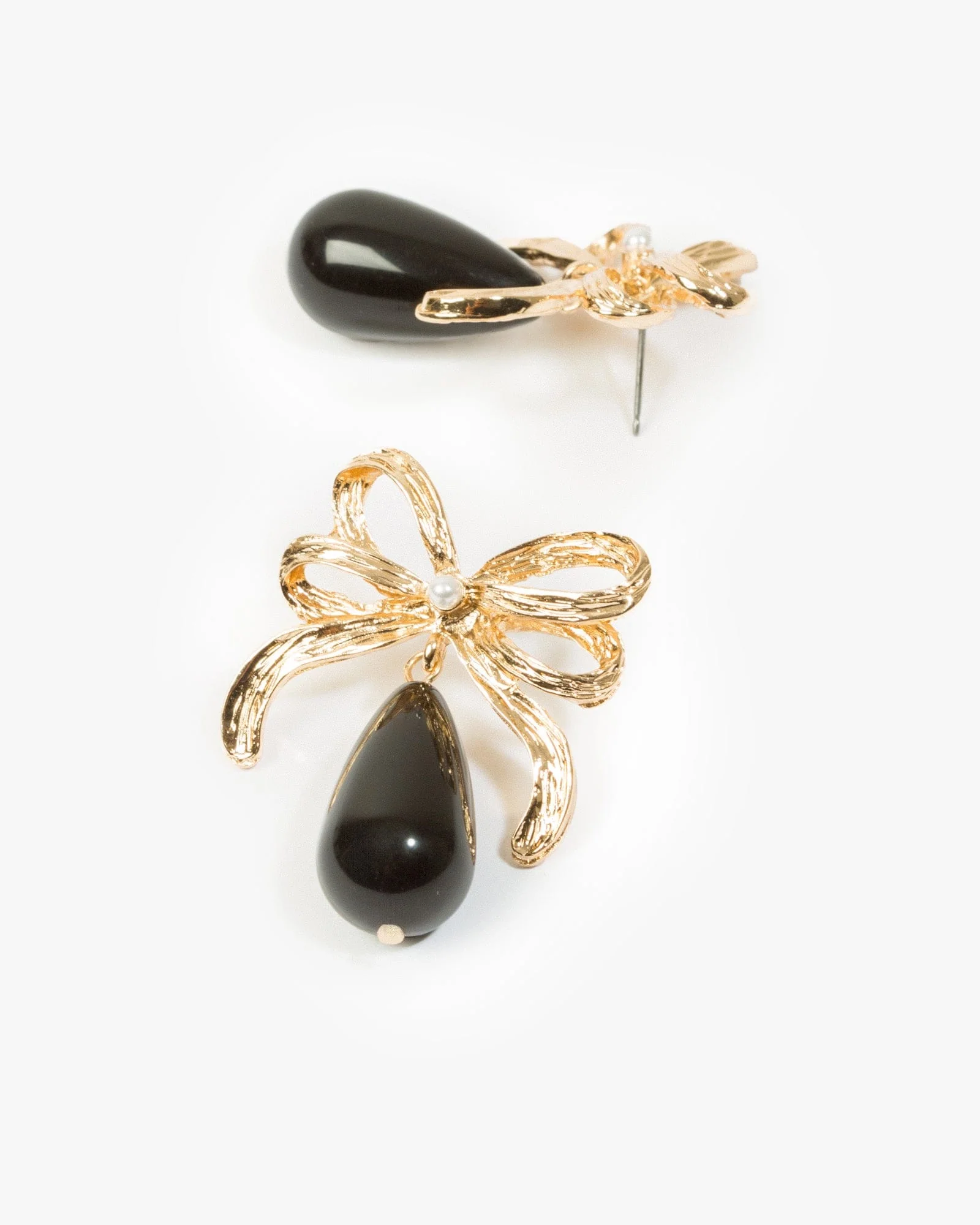 Gold Double Bow Pearl Drop Earrings