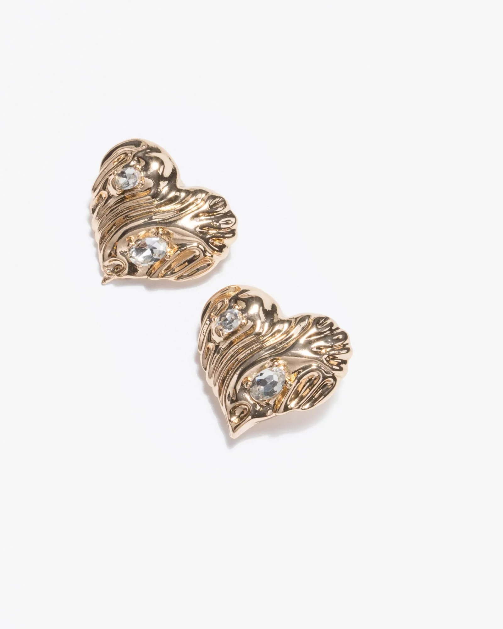 Gold Crystal Ribbed Heart Stud Earrings