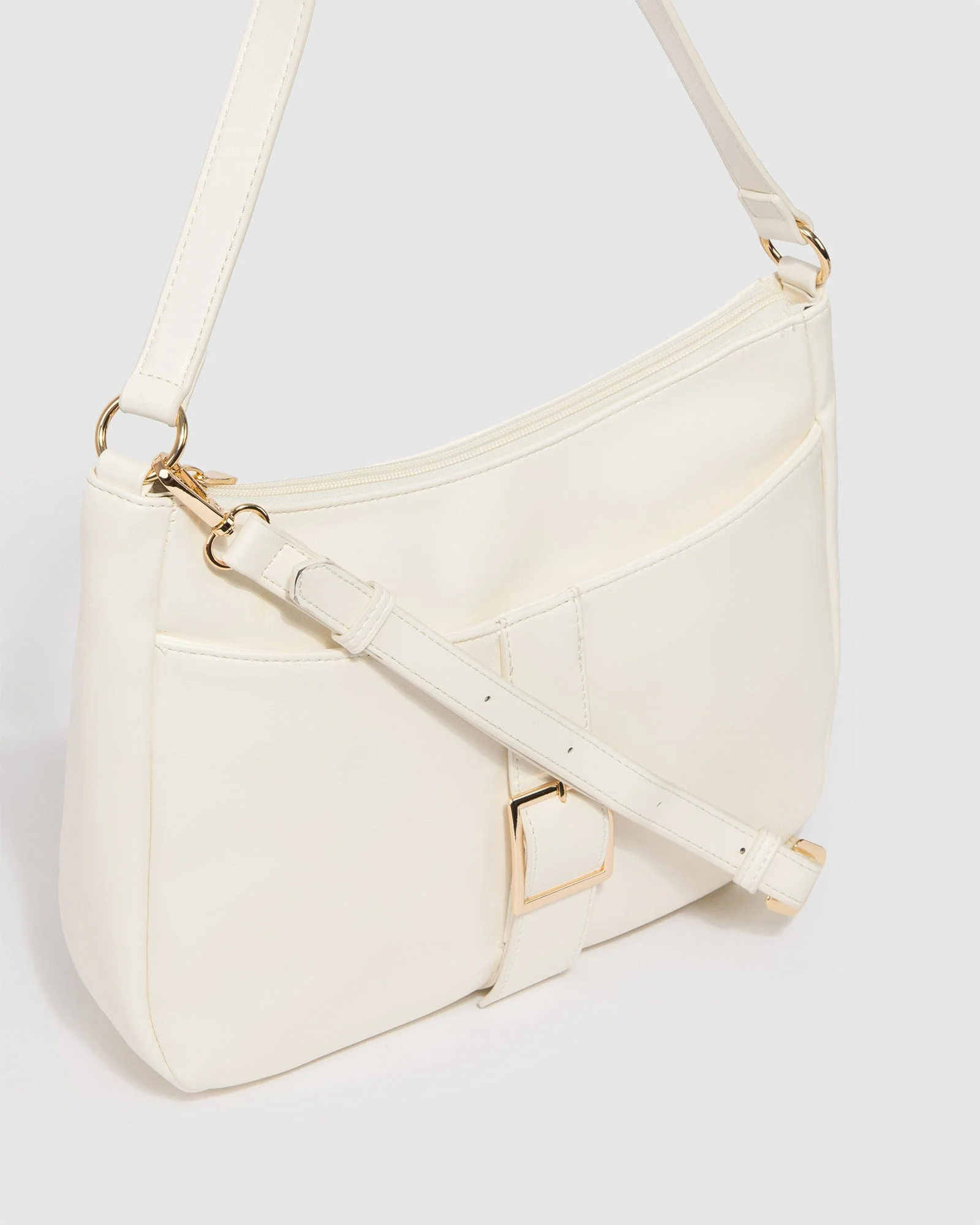 White Laura Buckle Slouch Bag