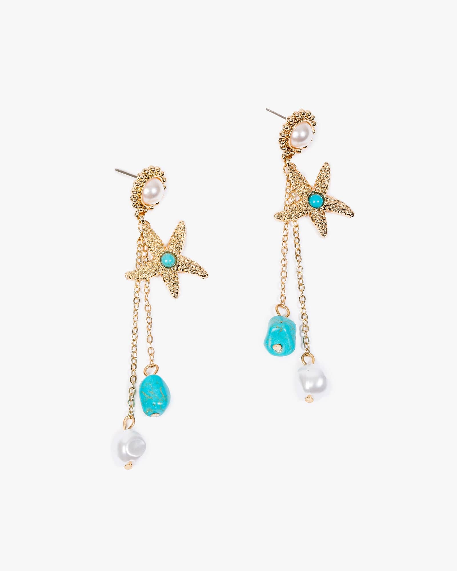 Gold Starfish Pearl Detail Double Drop Earrings