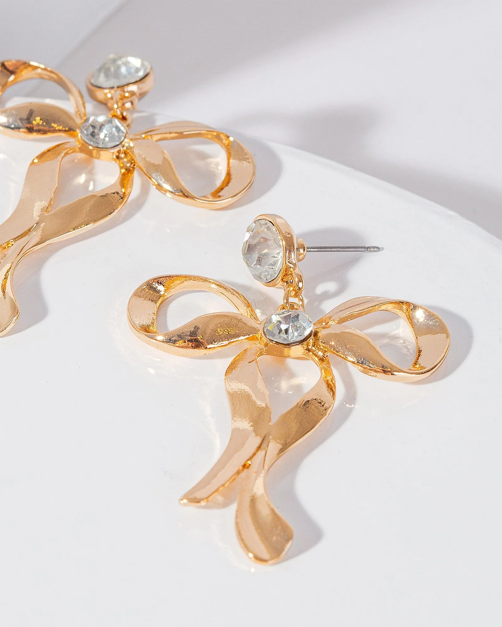 Gold Metal Bow Drop Earrings