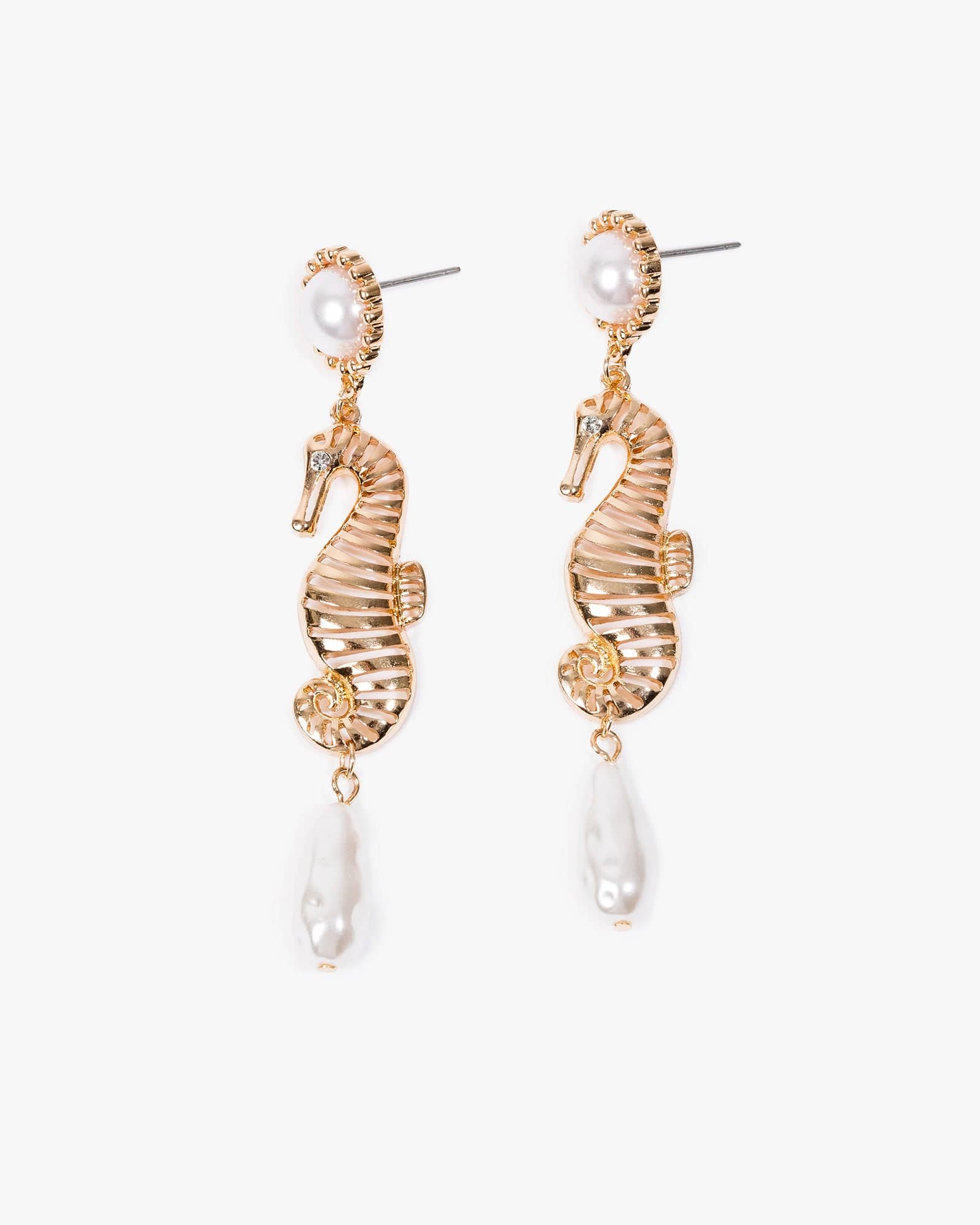 Gold Seahorse Motif Pearl Drop Earrings