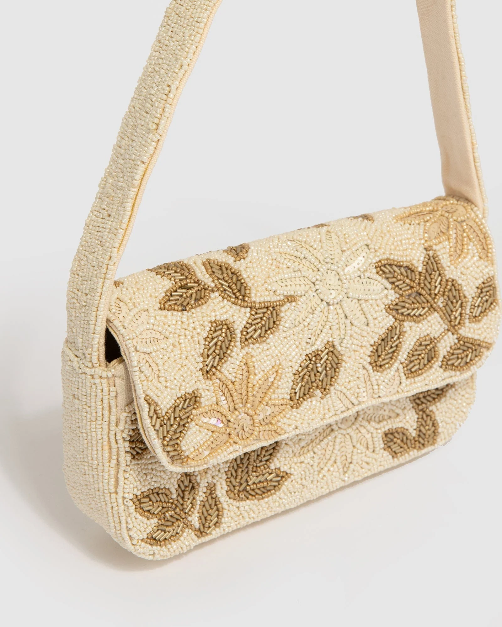 Ivory Floral Beaded Baguette Bag