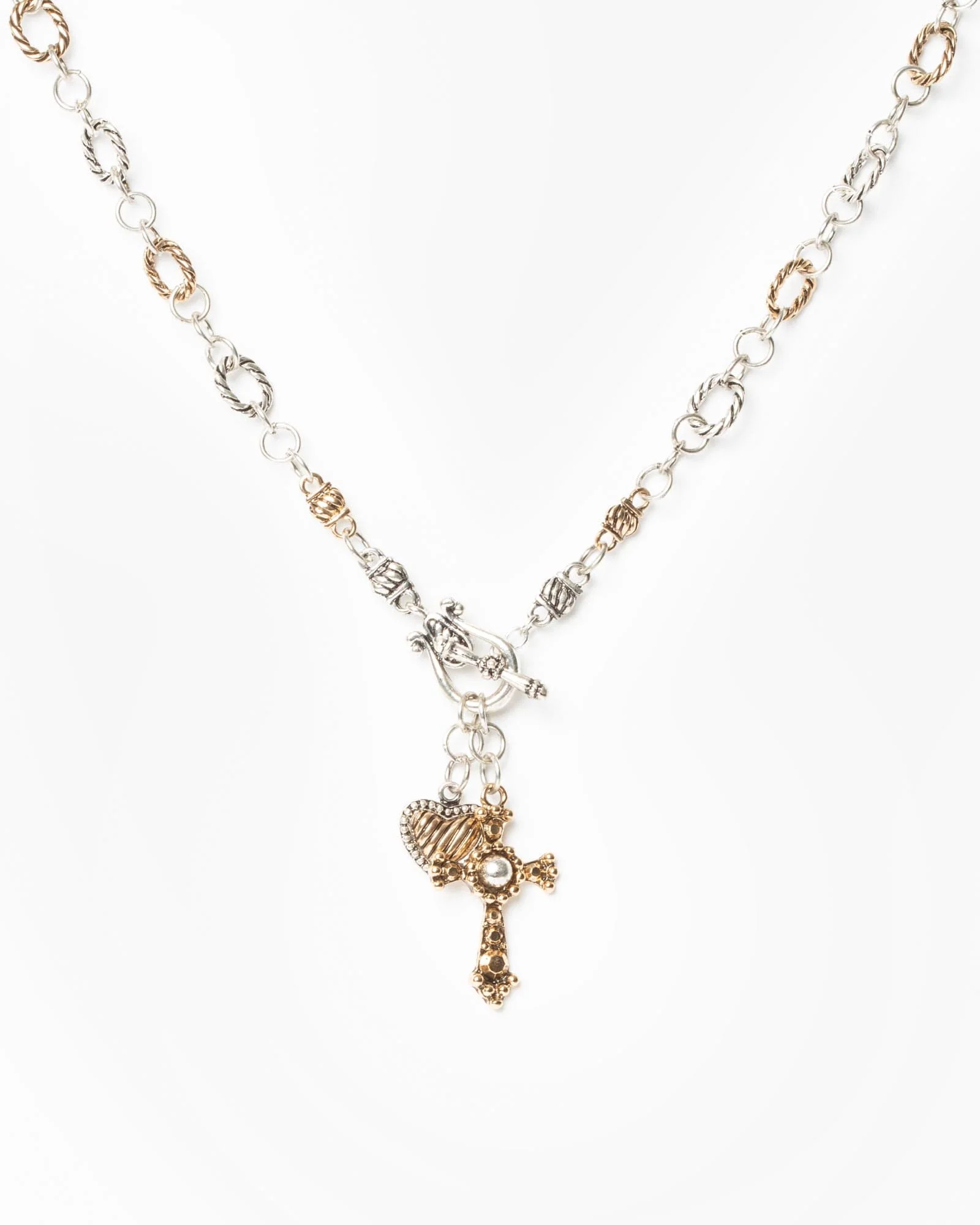 Multi Colour Antique Cross And Heart Necklace