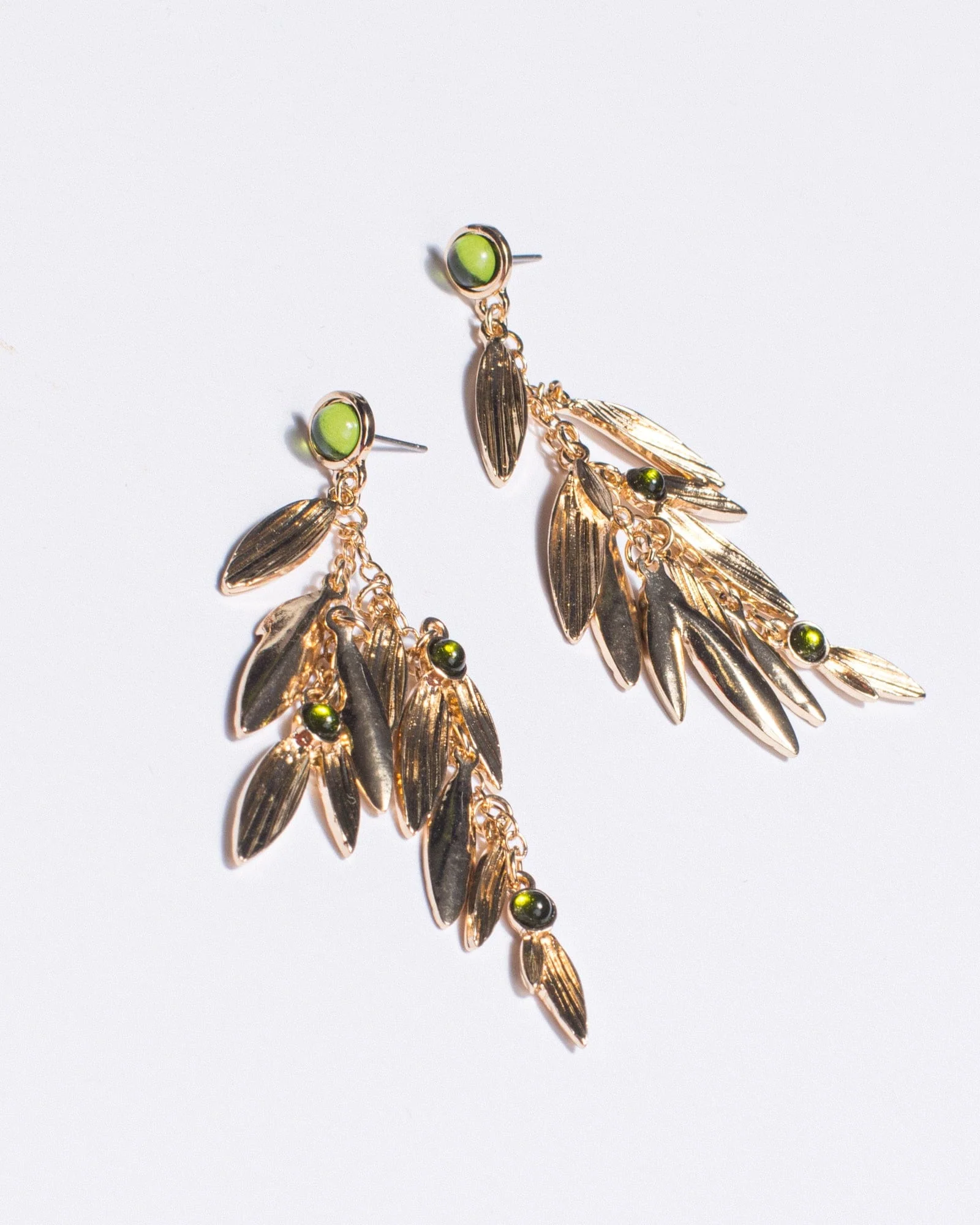 Green Pearl Beaded Leaf Tassel Earrings