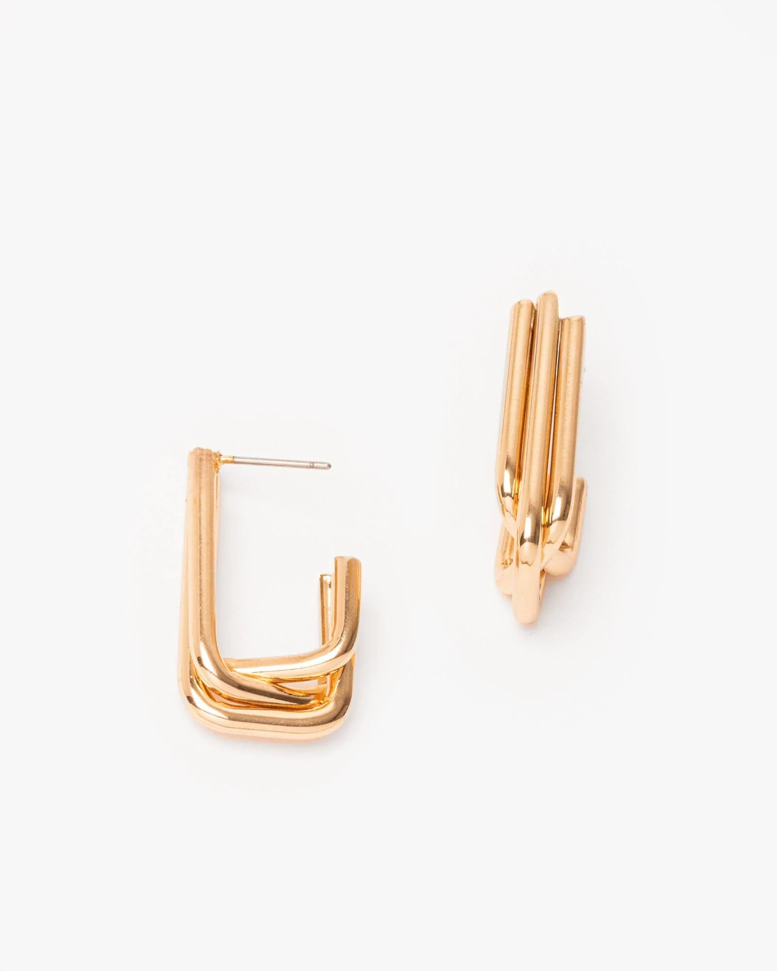 Gold 3 Bar Rectangular Hoop Earrings