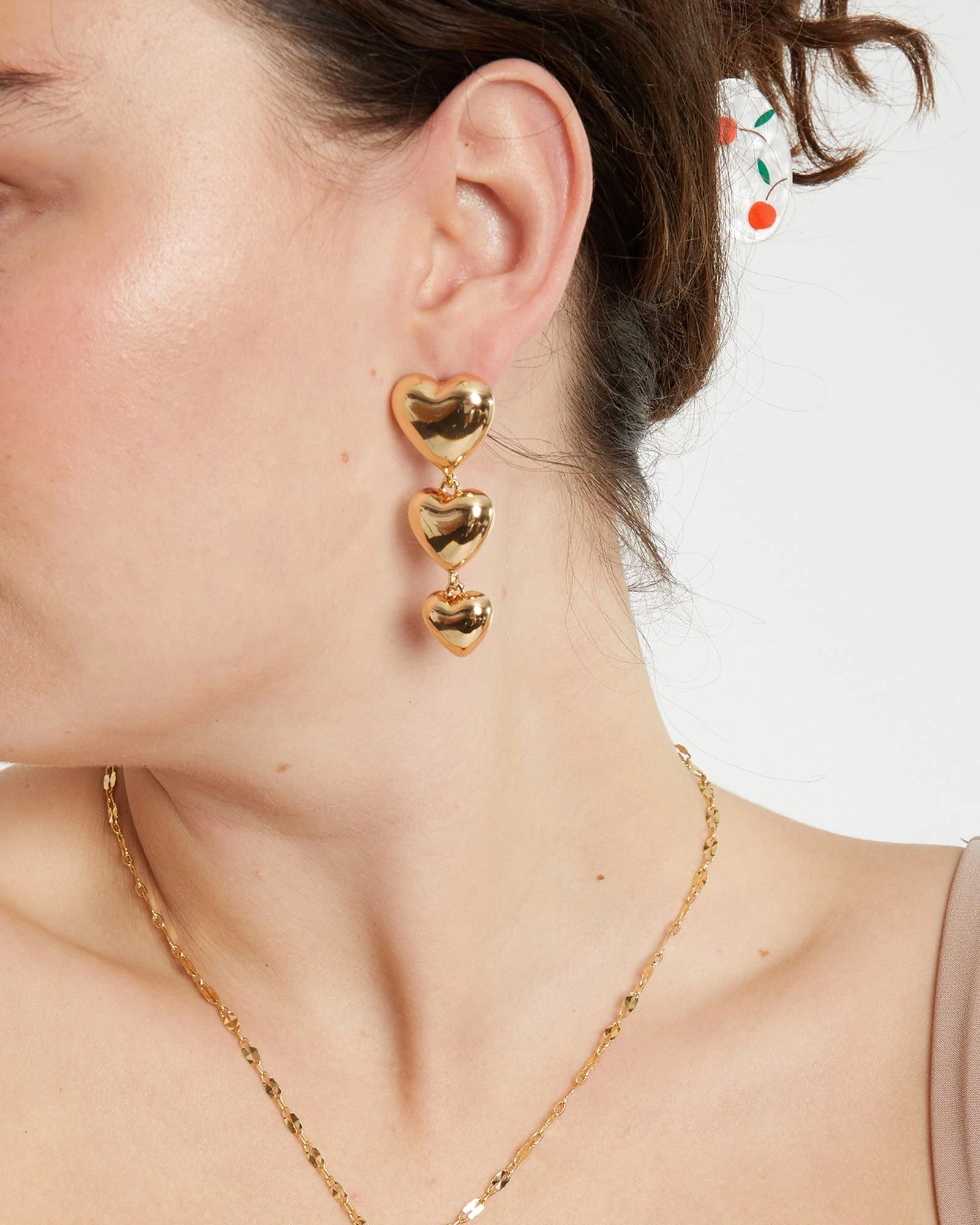 Gold 3 Hearts Drop Earrings