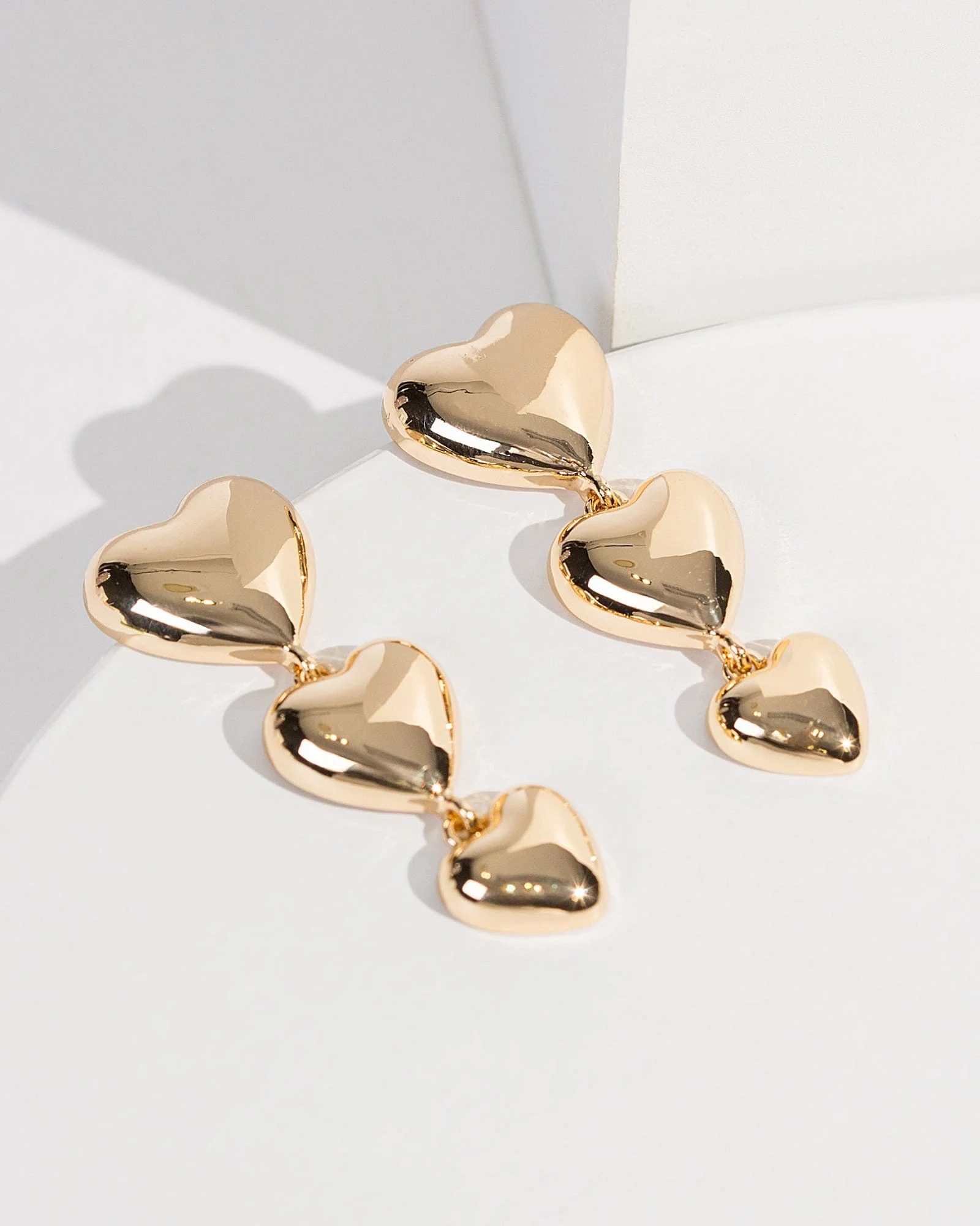 Gold 3 Hearts Drop Earrings