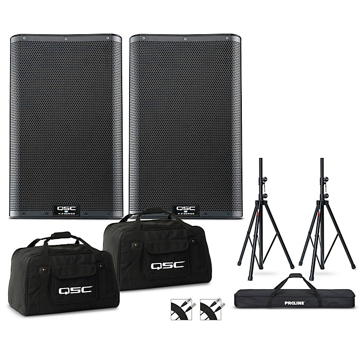 K102 Powered Speaker Pair With Bags Stands and Cables
