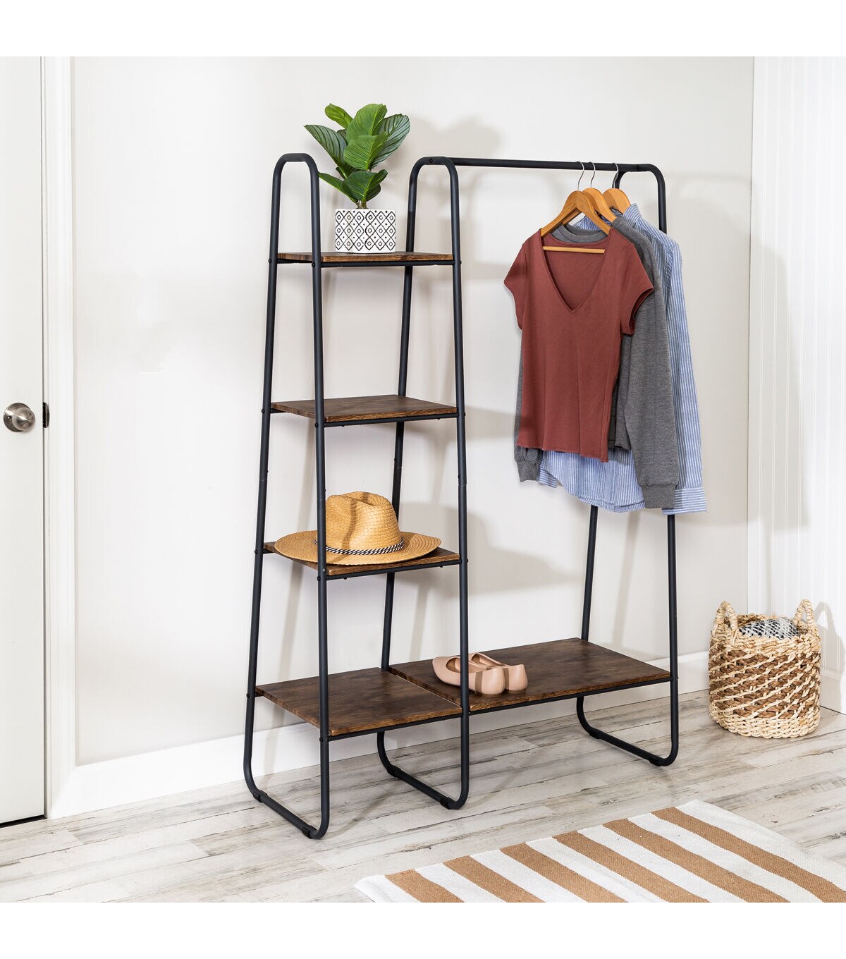 Honey Can Do 60lbs Freestanding Metal Clothing Rack With Wood Shelves
